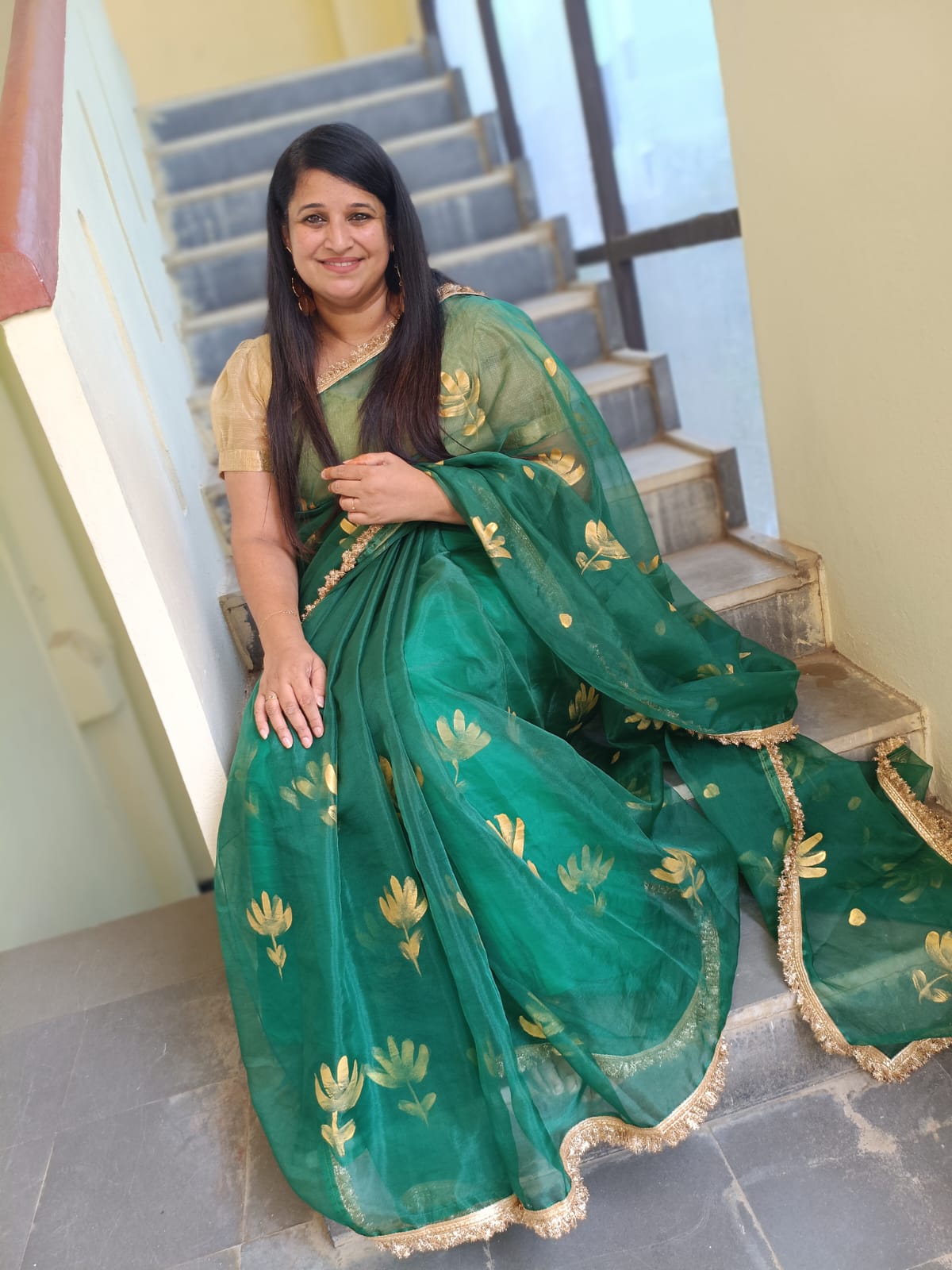 dark greeen  organza handpainted saree