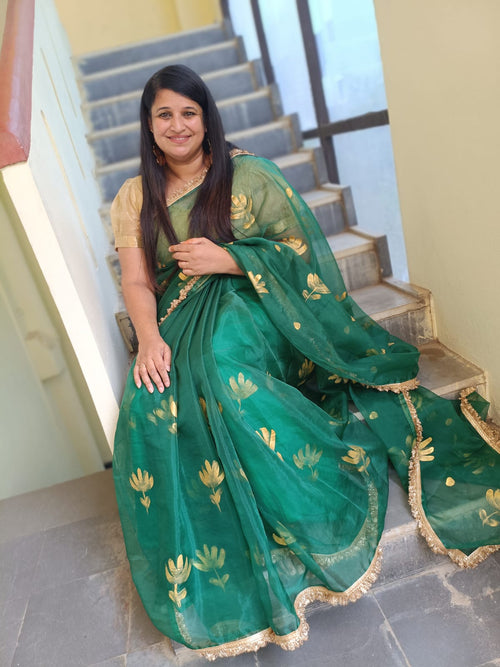 dark greeen  organza handpainted saree