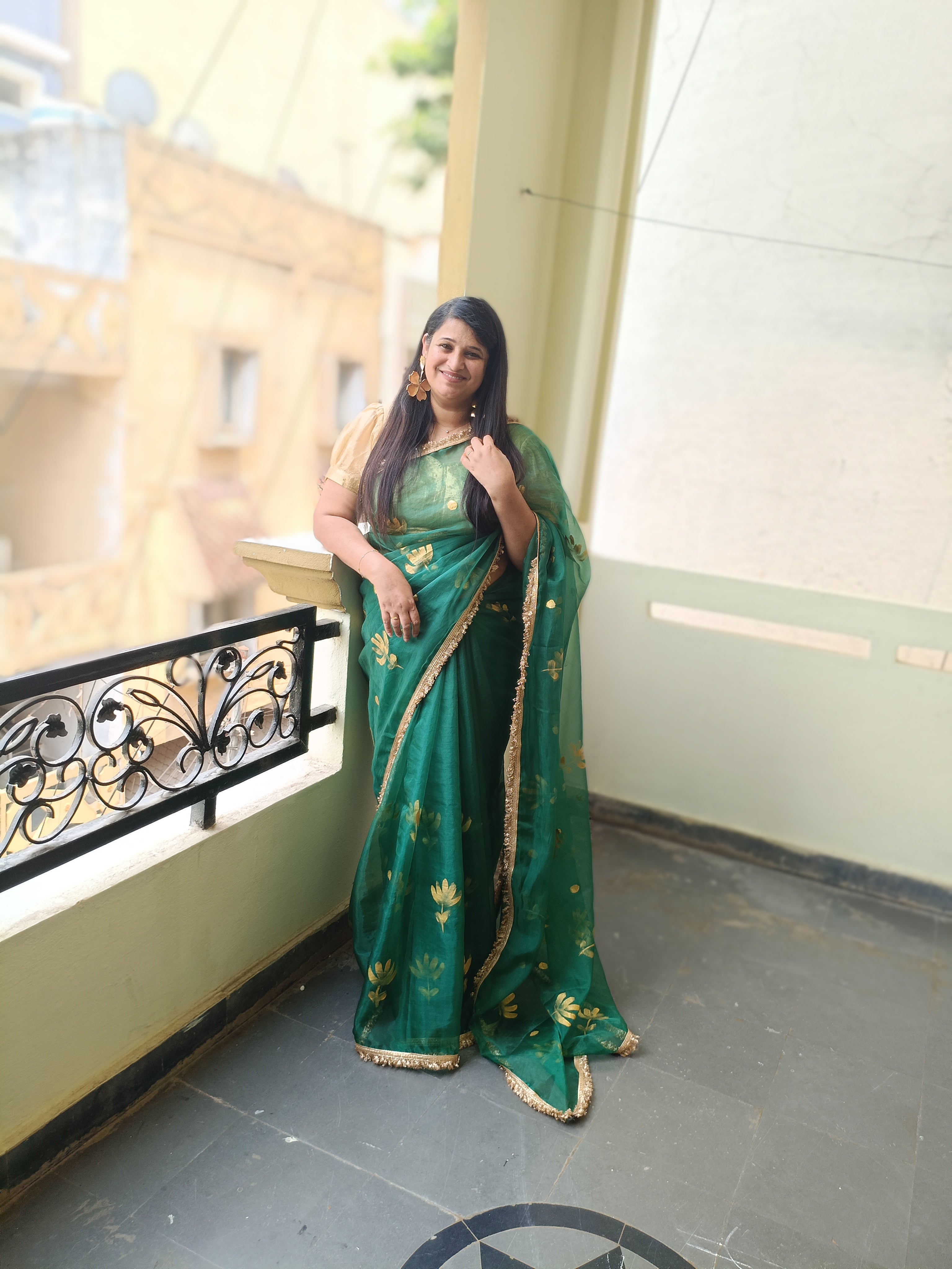 Dark greeen  organza handpainted saree