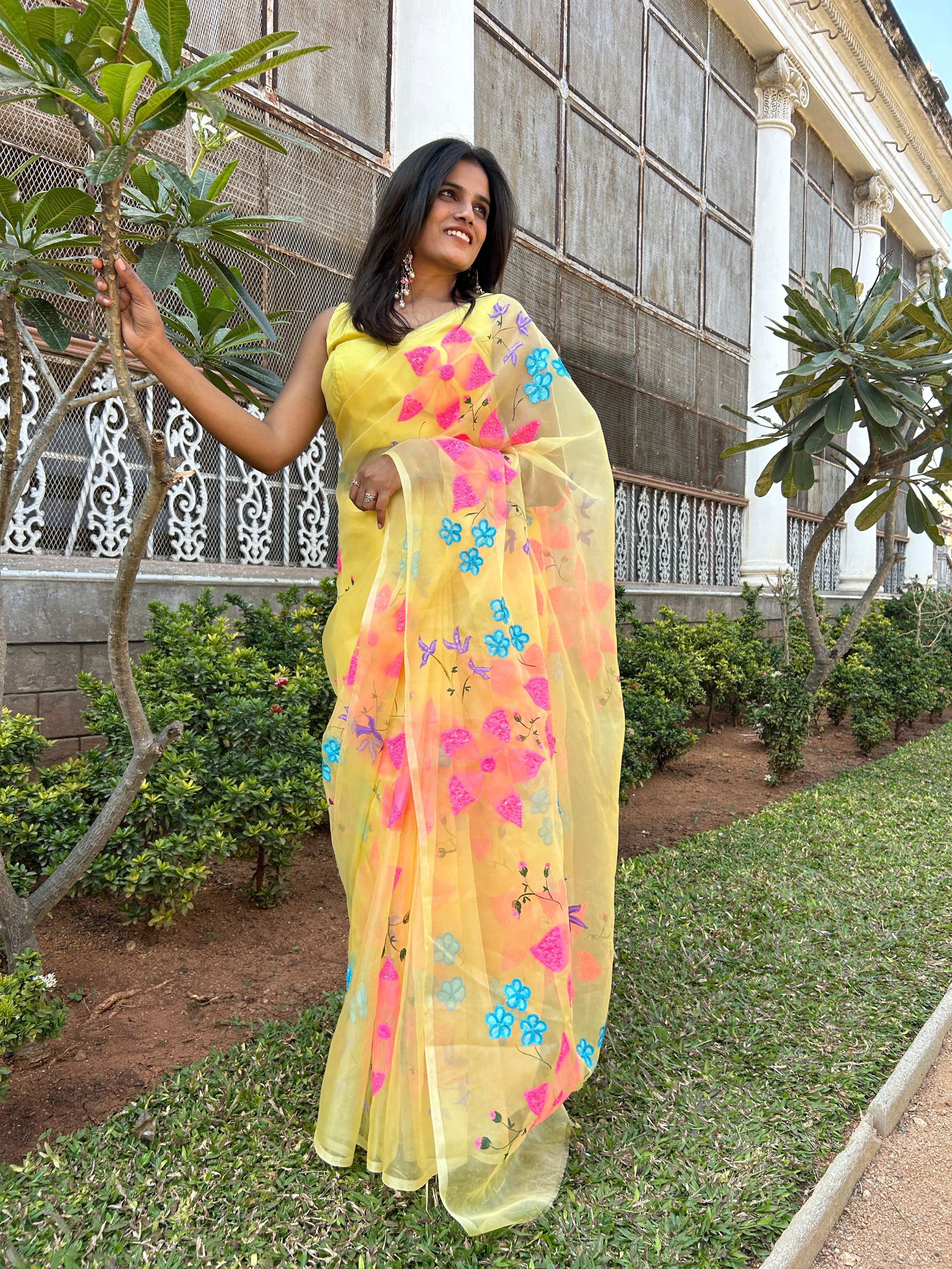 Yellow Handpainted Organza Sequins Saree