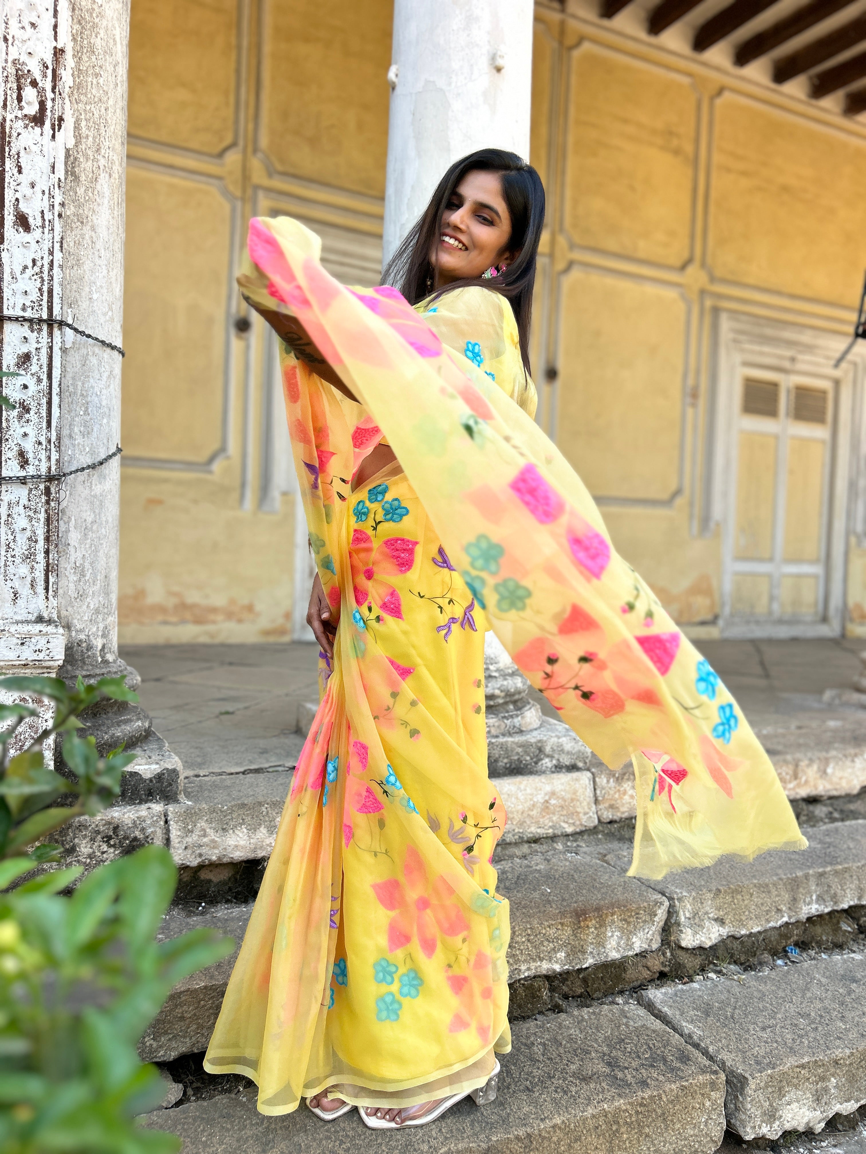 Yellow Handpainted Organza Sequins Saree