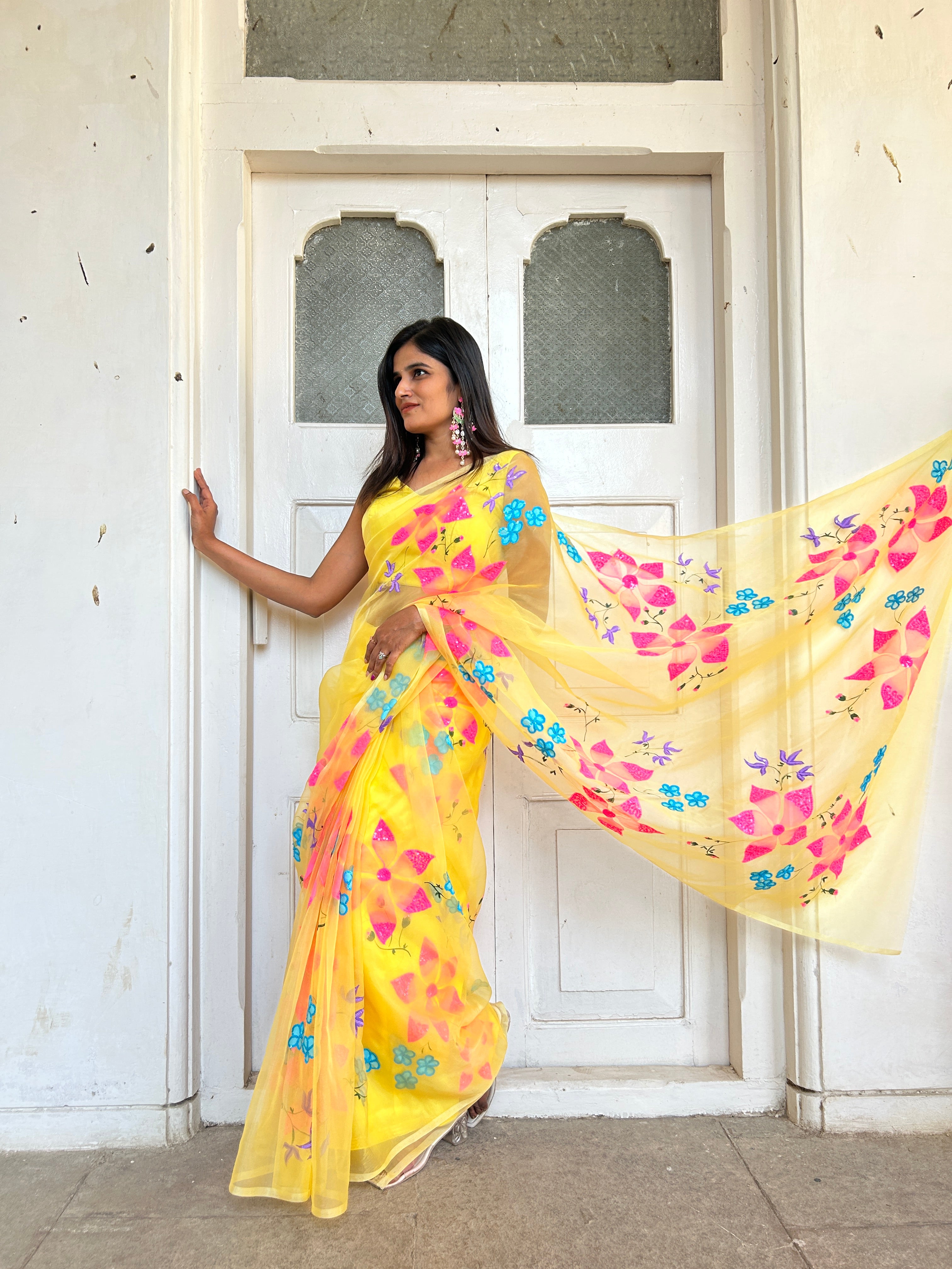 Yellow Handpainted Organza Sequins Saree