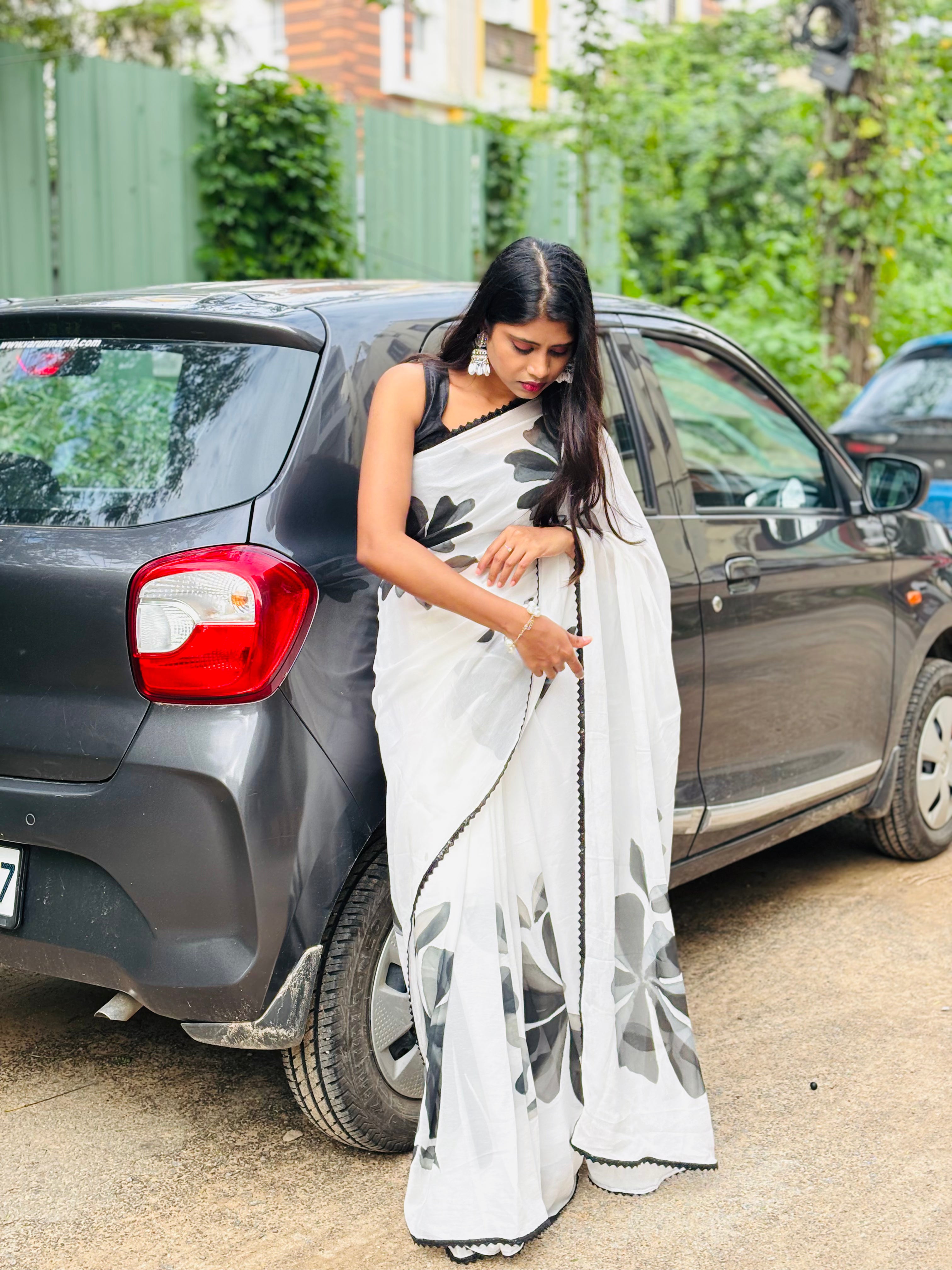White handpainted pure georgette saree