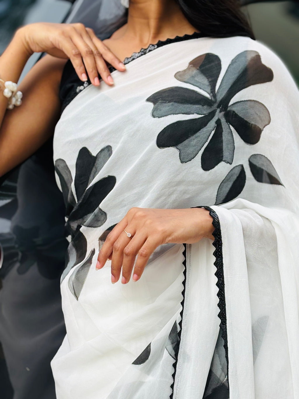 White handpainted pure georgette saree