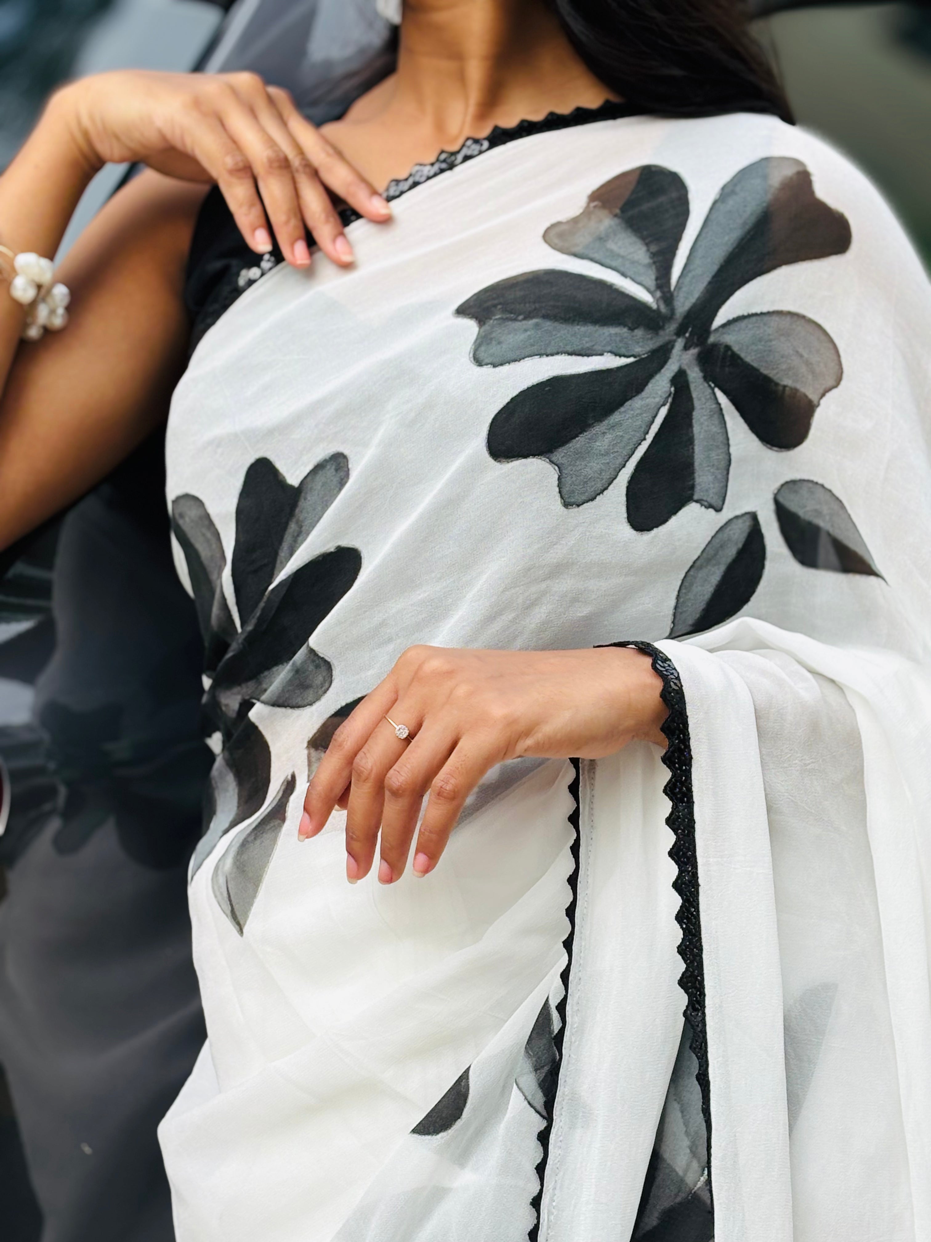 White handpainted pure georgette saree