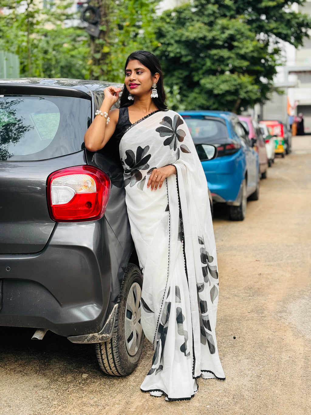 White handpainted pure georgette saree