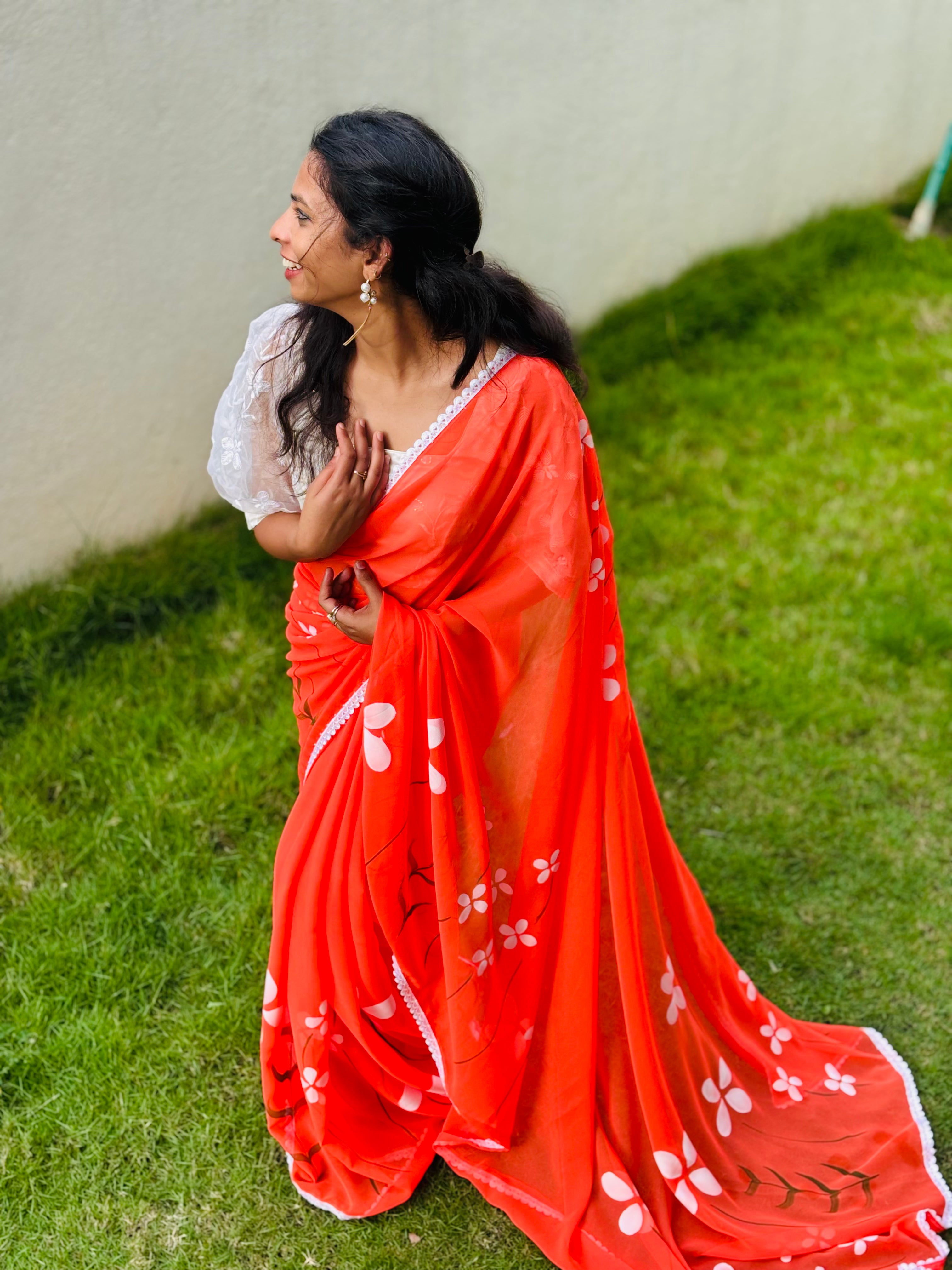 0range georgette handpainted saree