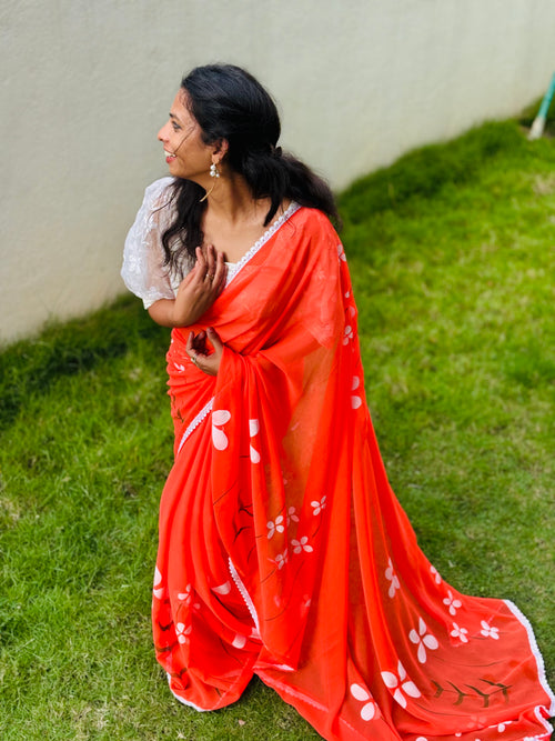 0range georgette handpainted saree