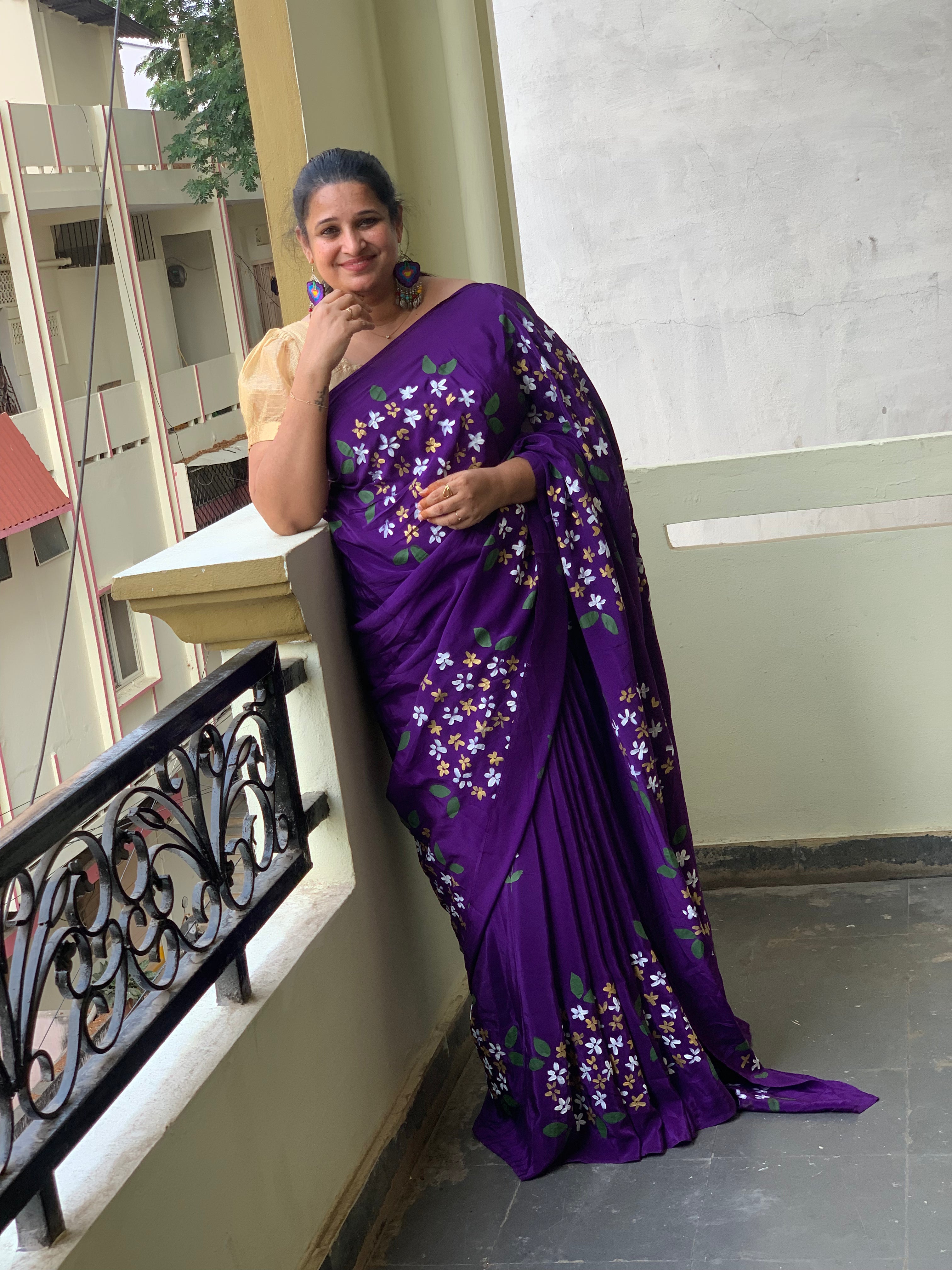 purple natural crepe handpainted saree