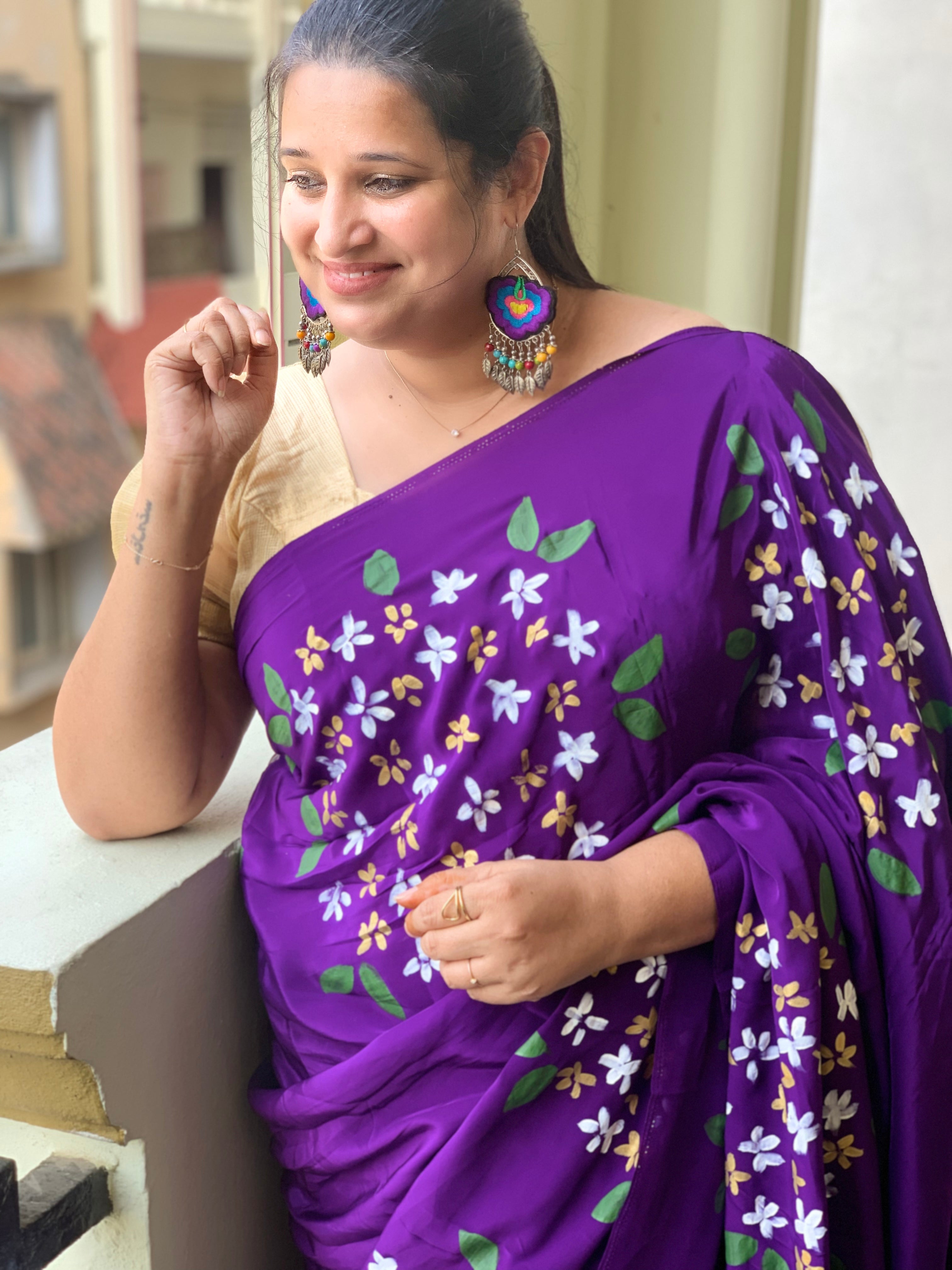 purple natural crepe handpainted saree