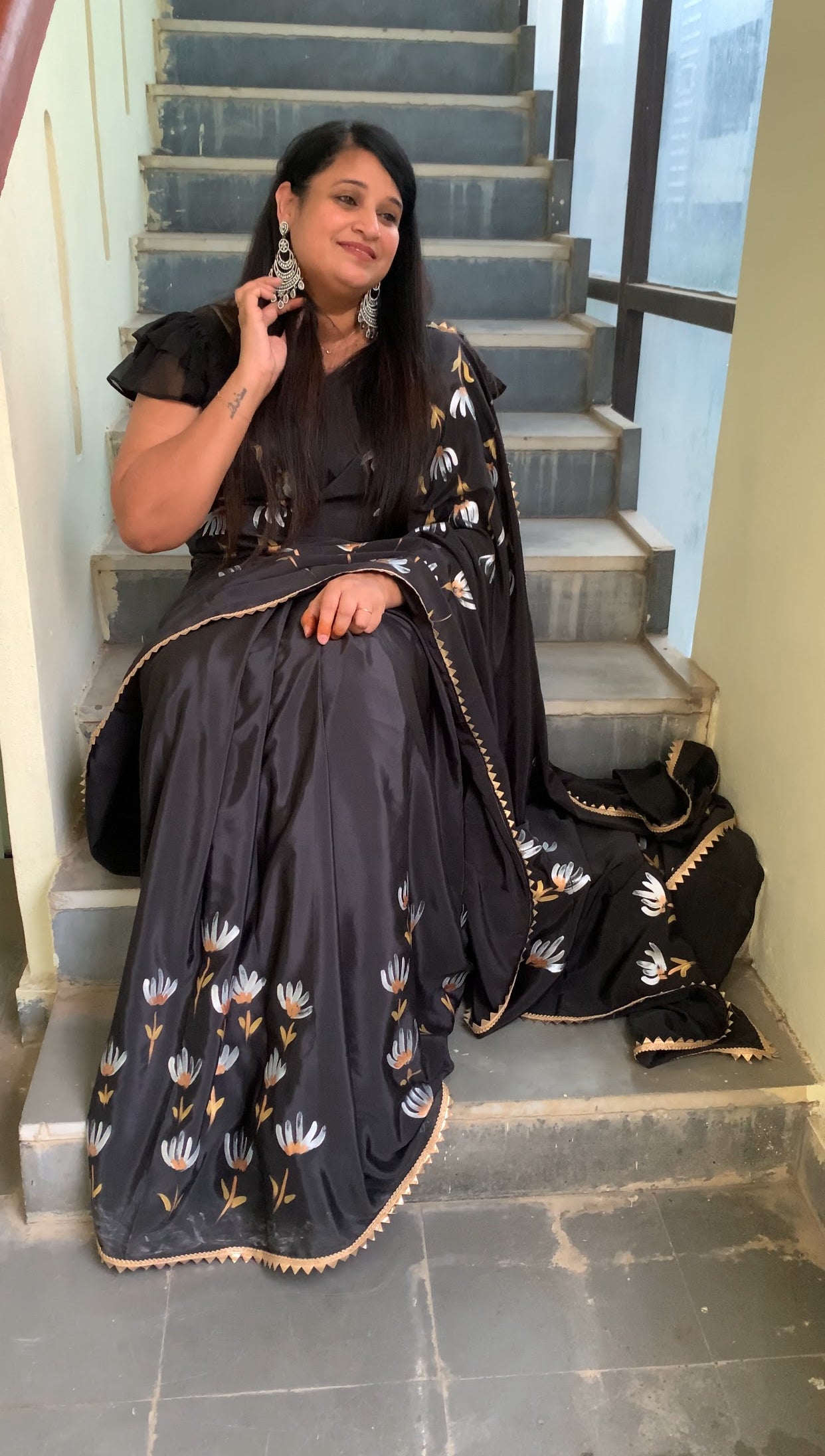 black crepe handpainted saree