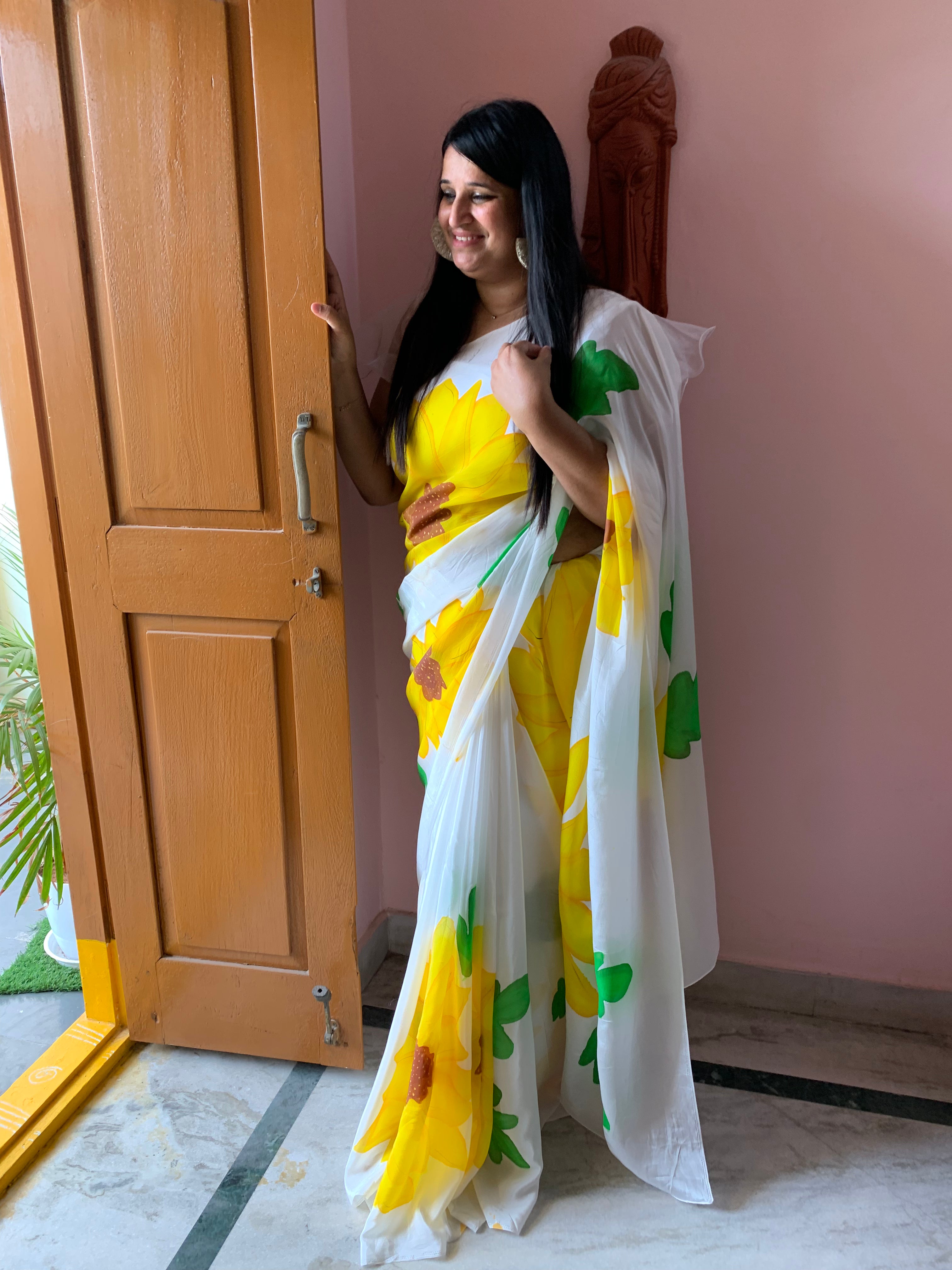 White Natural crepe handpainted saree