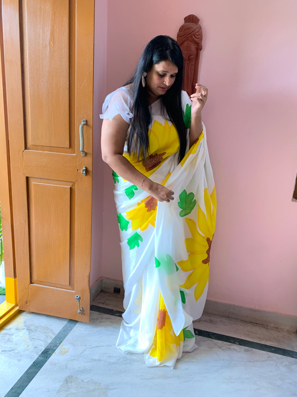 White Natural crepe handpainted saree
