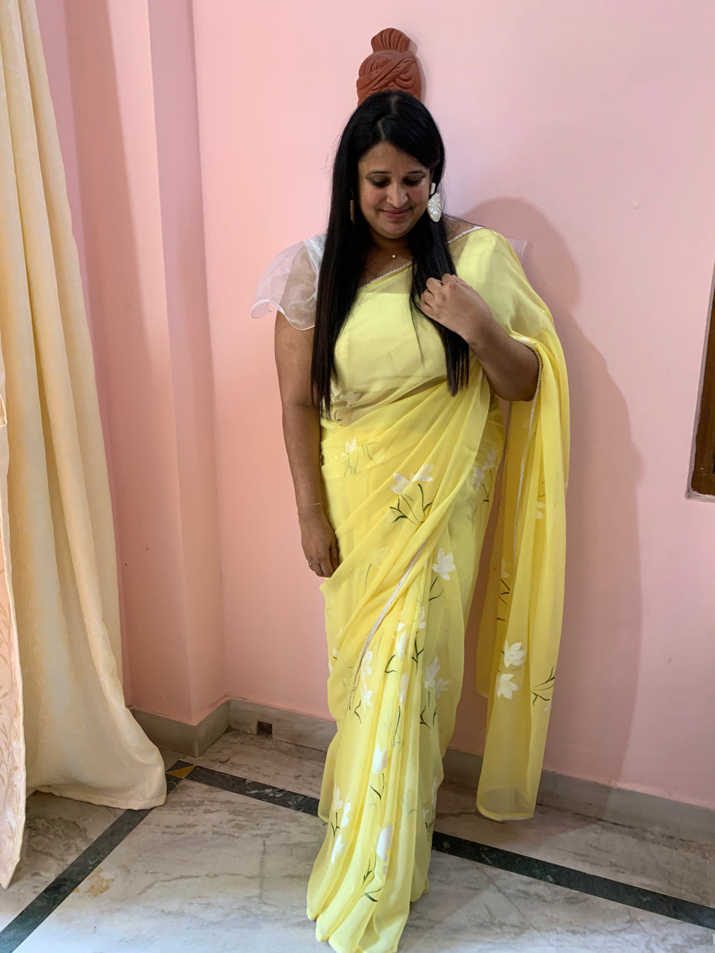 Lemon yellow georgette handpainted saree