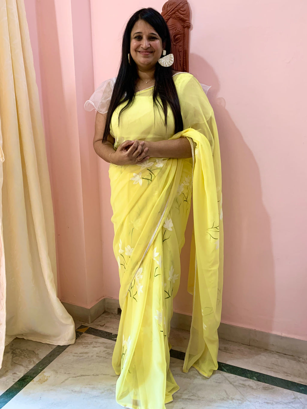 Lemon yellow georgette handpainted saree