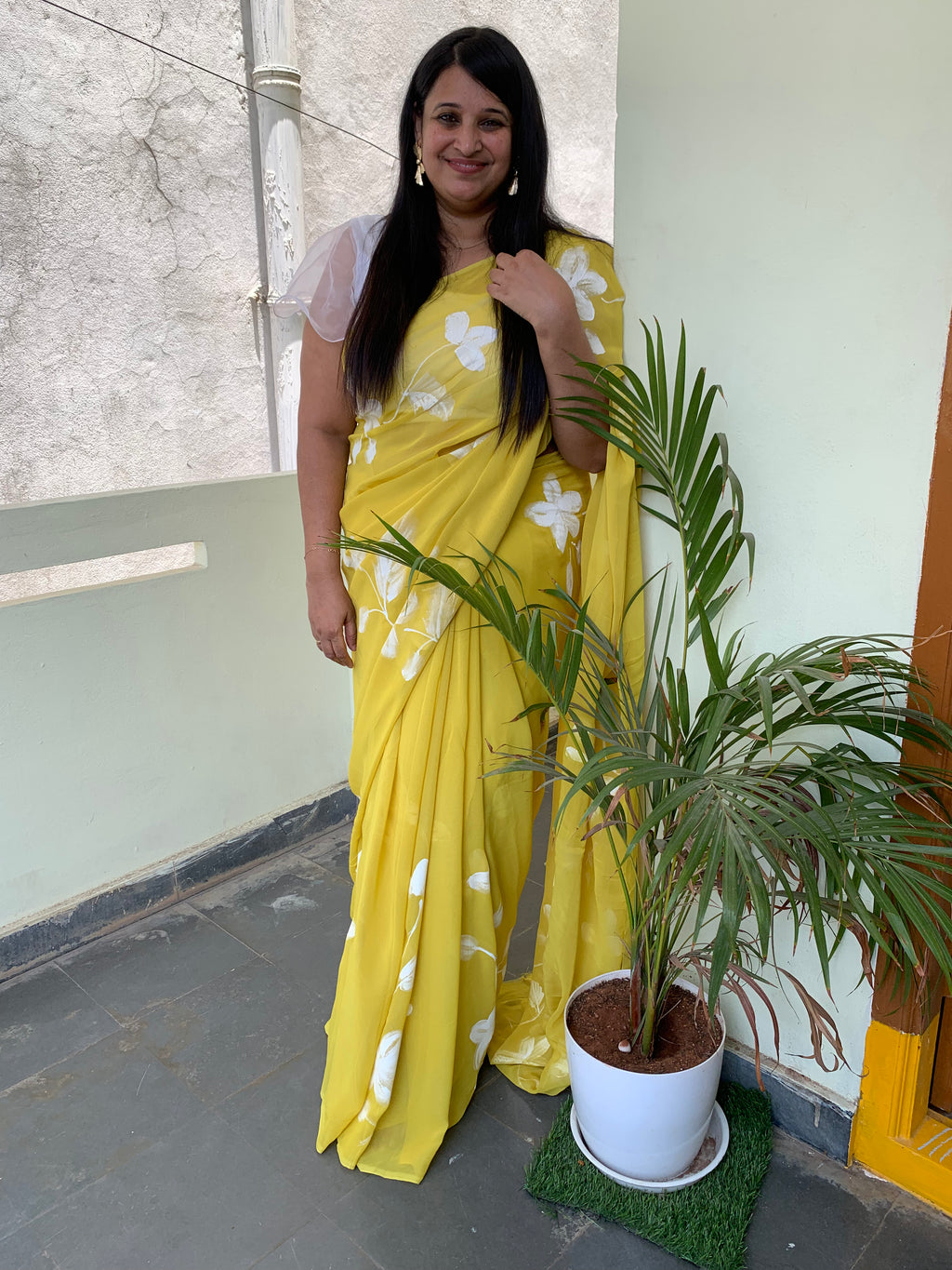 Mustard pure georgette handpainted saree