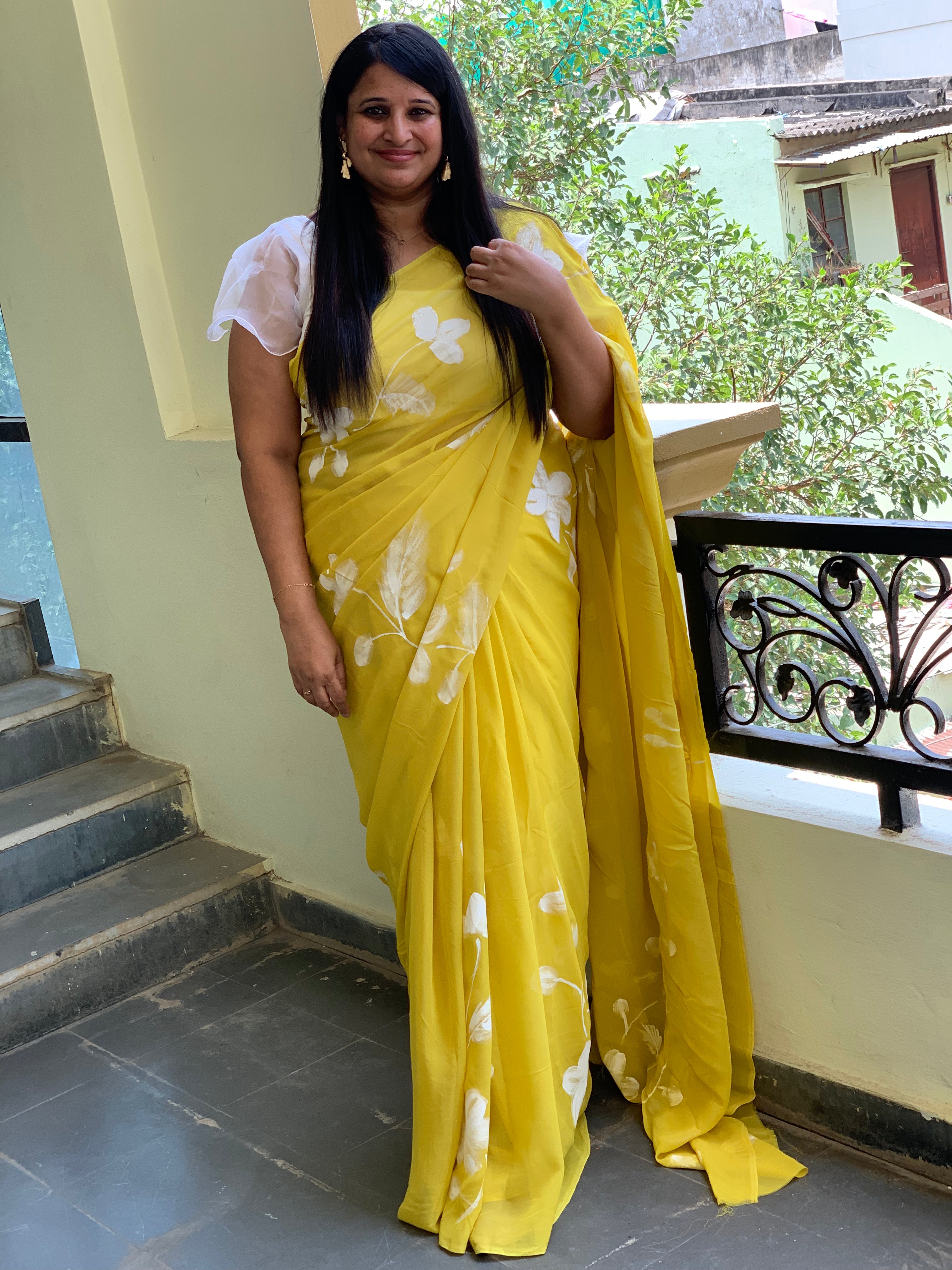 Mustard pure georgette handpainted saree