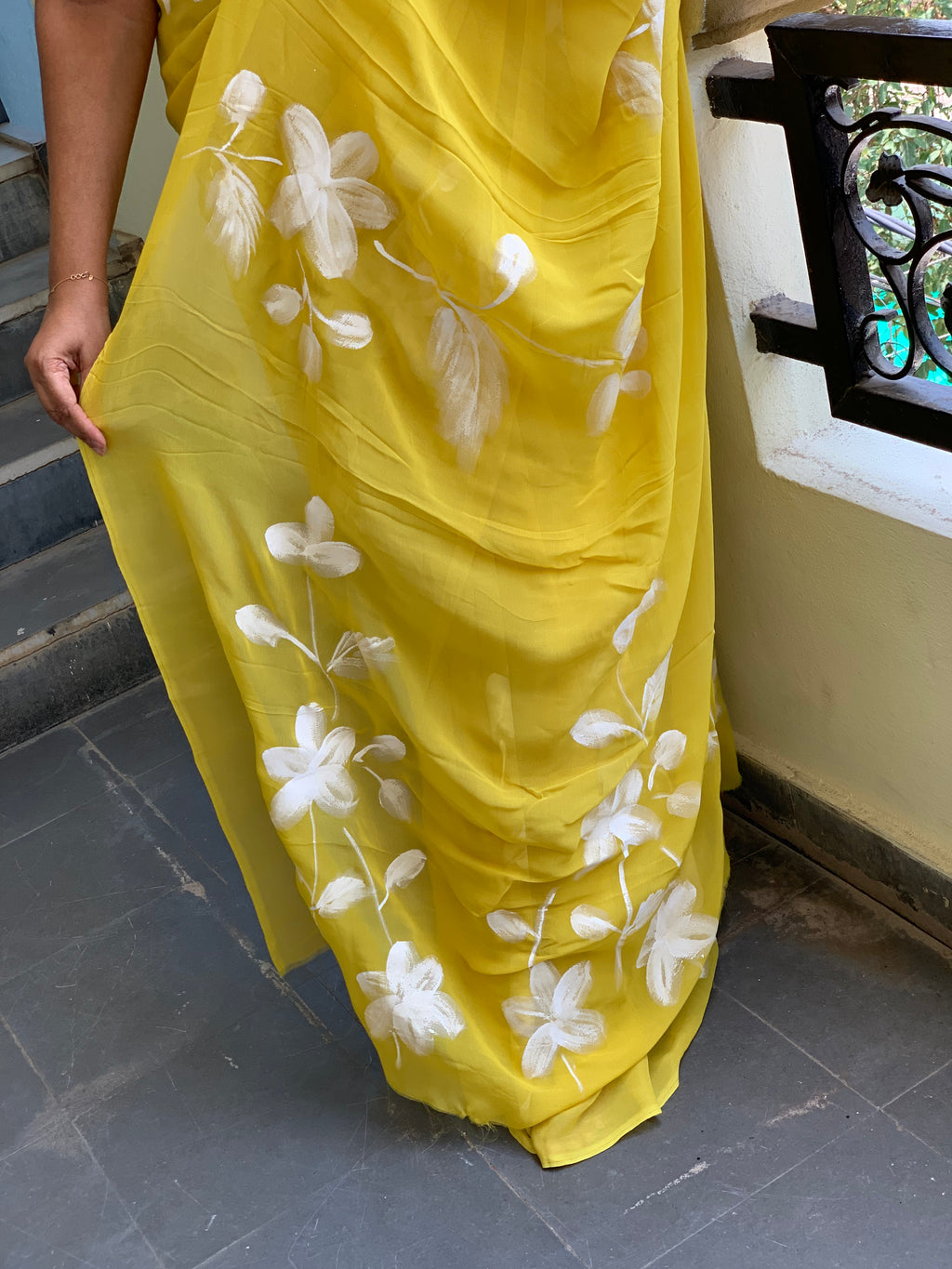 Mustard pure georgette handpainted saree