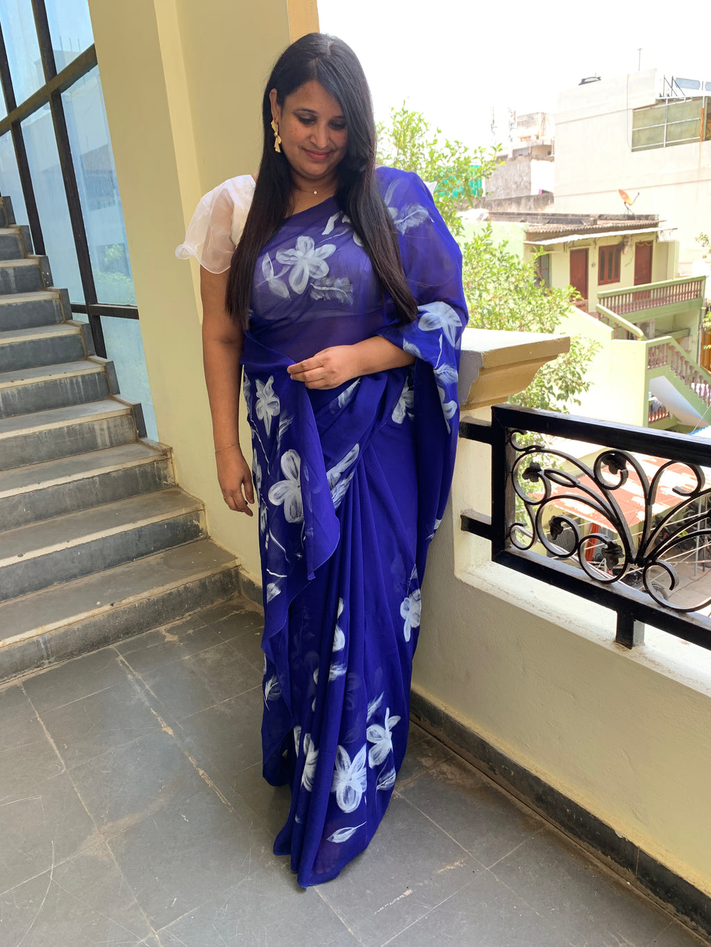 Dark blue georgette handpainted saree