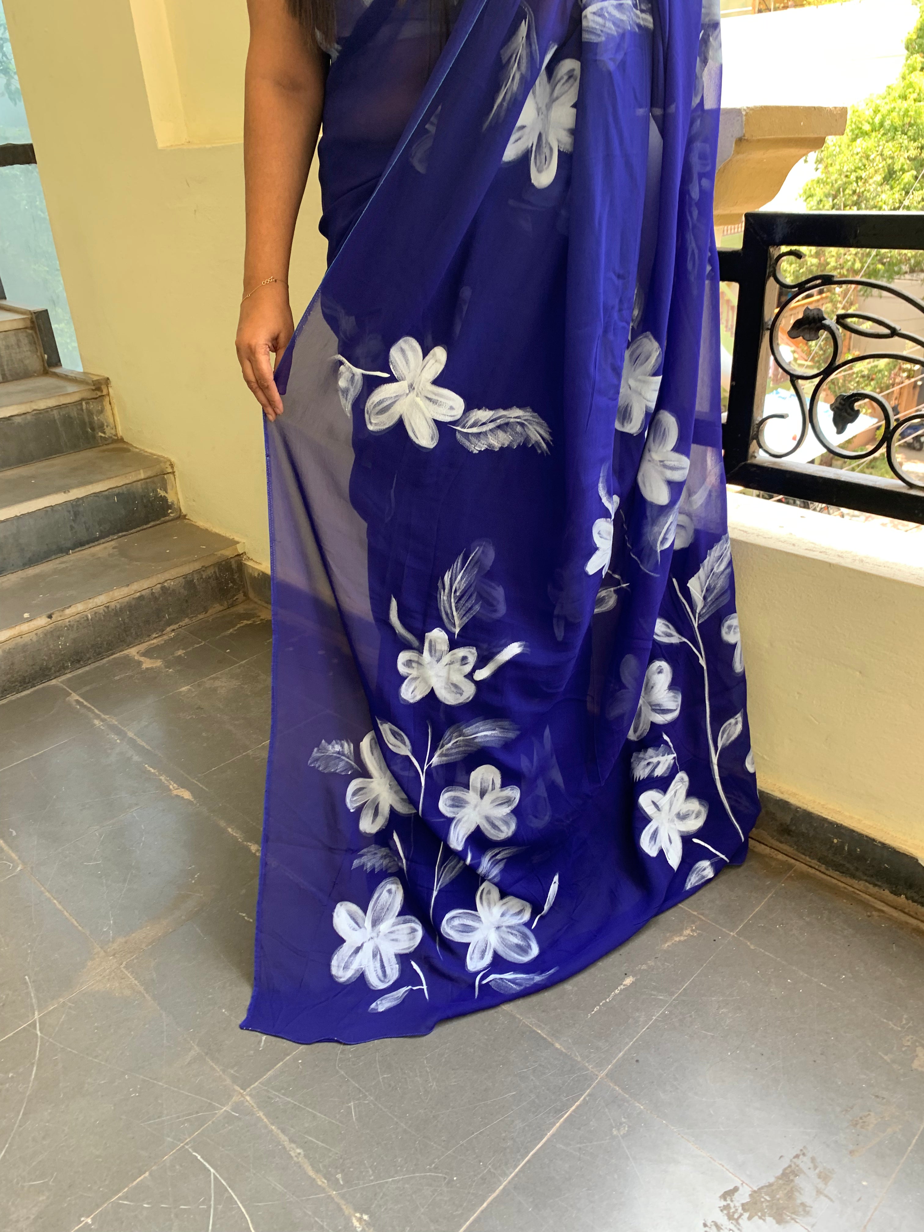 Dark blue georgette handpainted saree