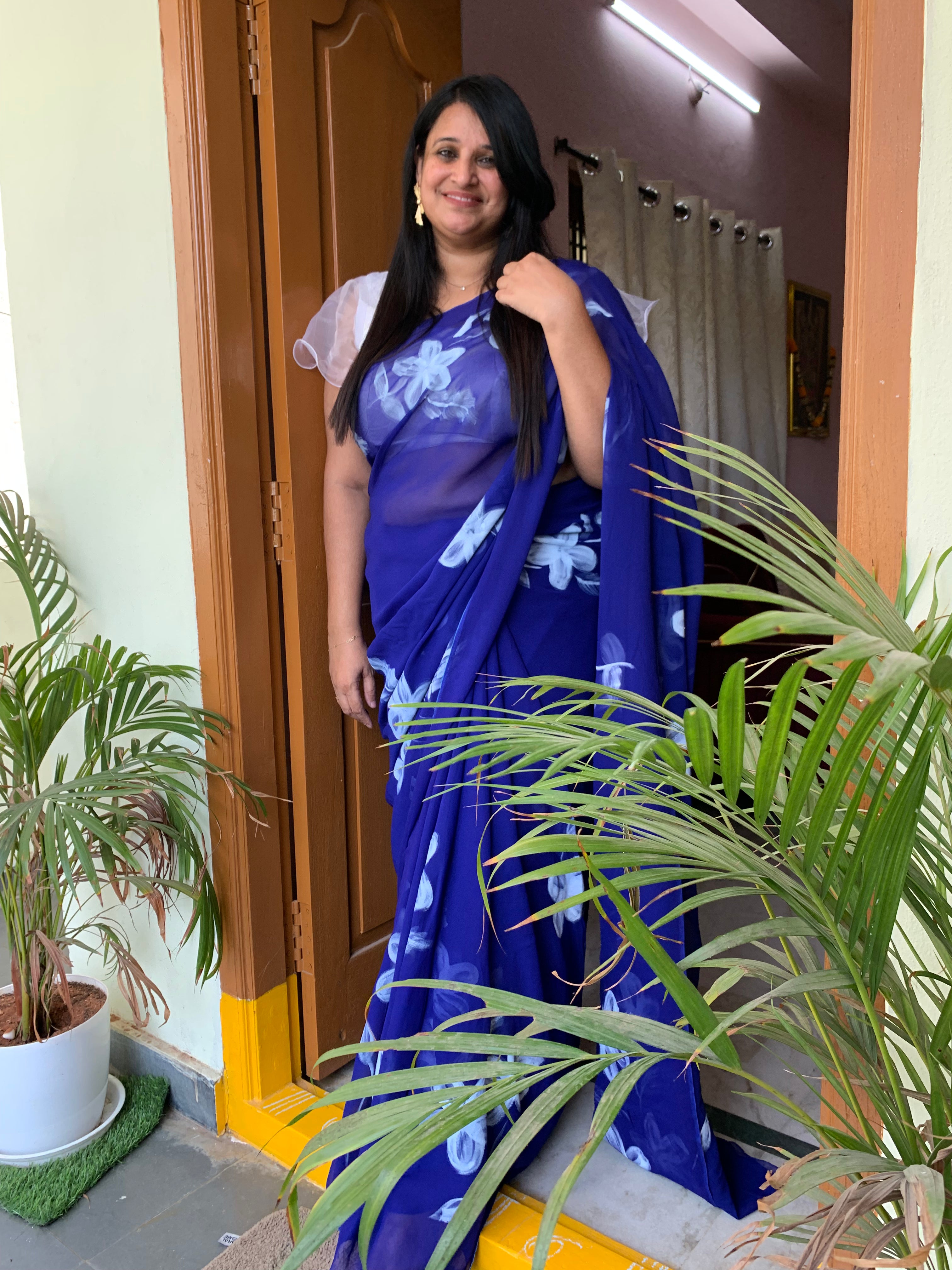 Dark blue georgette handpainted saree