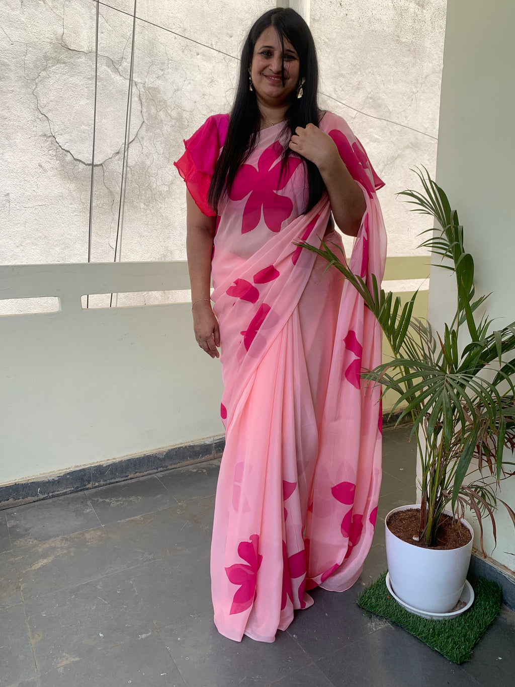 Pink pure georgette handpainted saree
