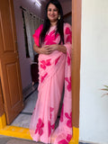 Pink pure georgette handpainted saree