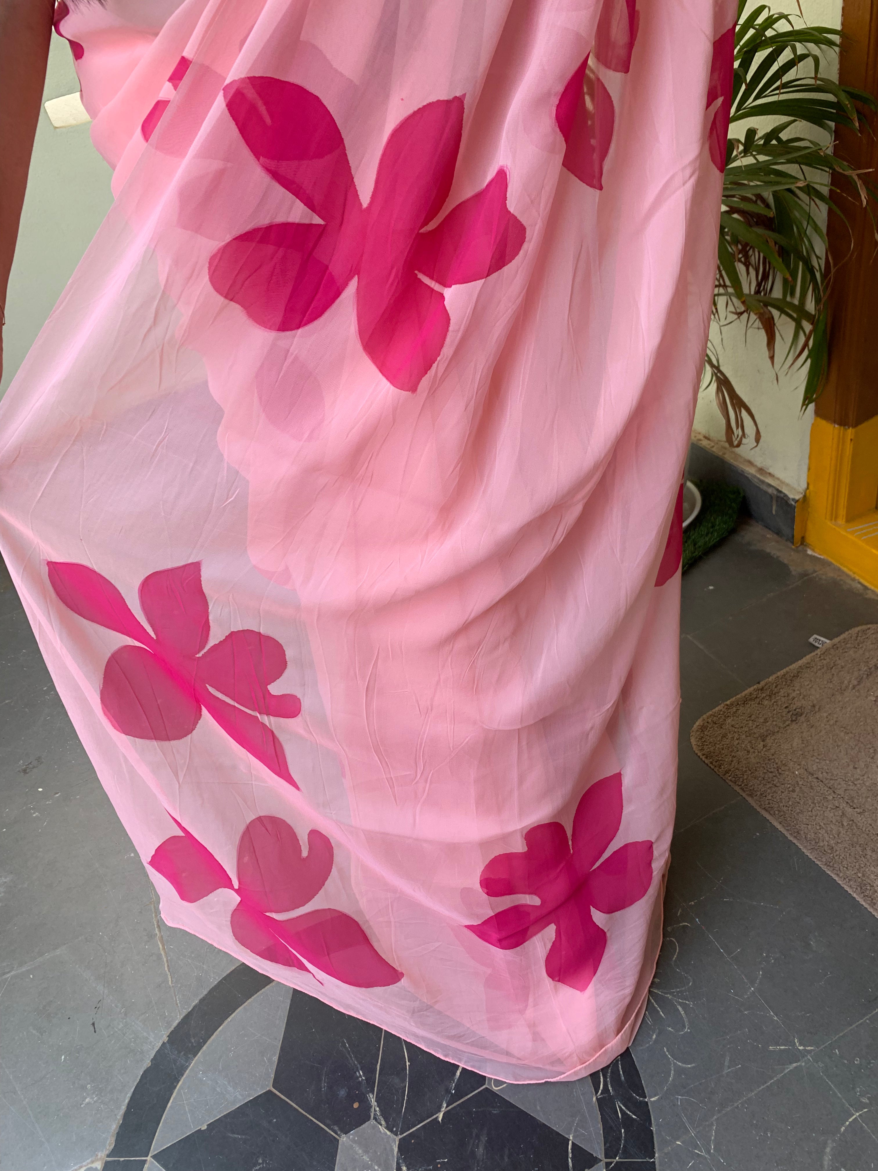 Pink pure georgette handpainted saree