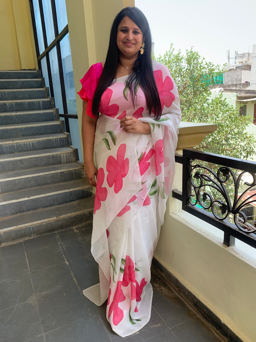 White pure organza handpainted saree