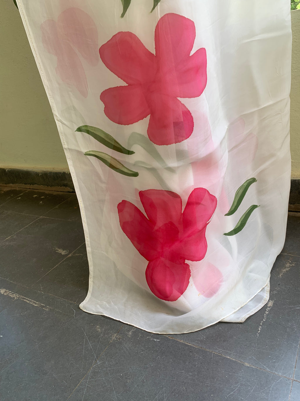 White pure organza handpainted saree