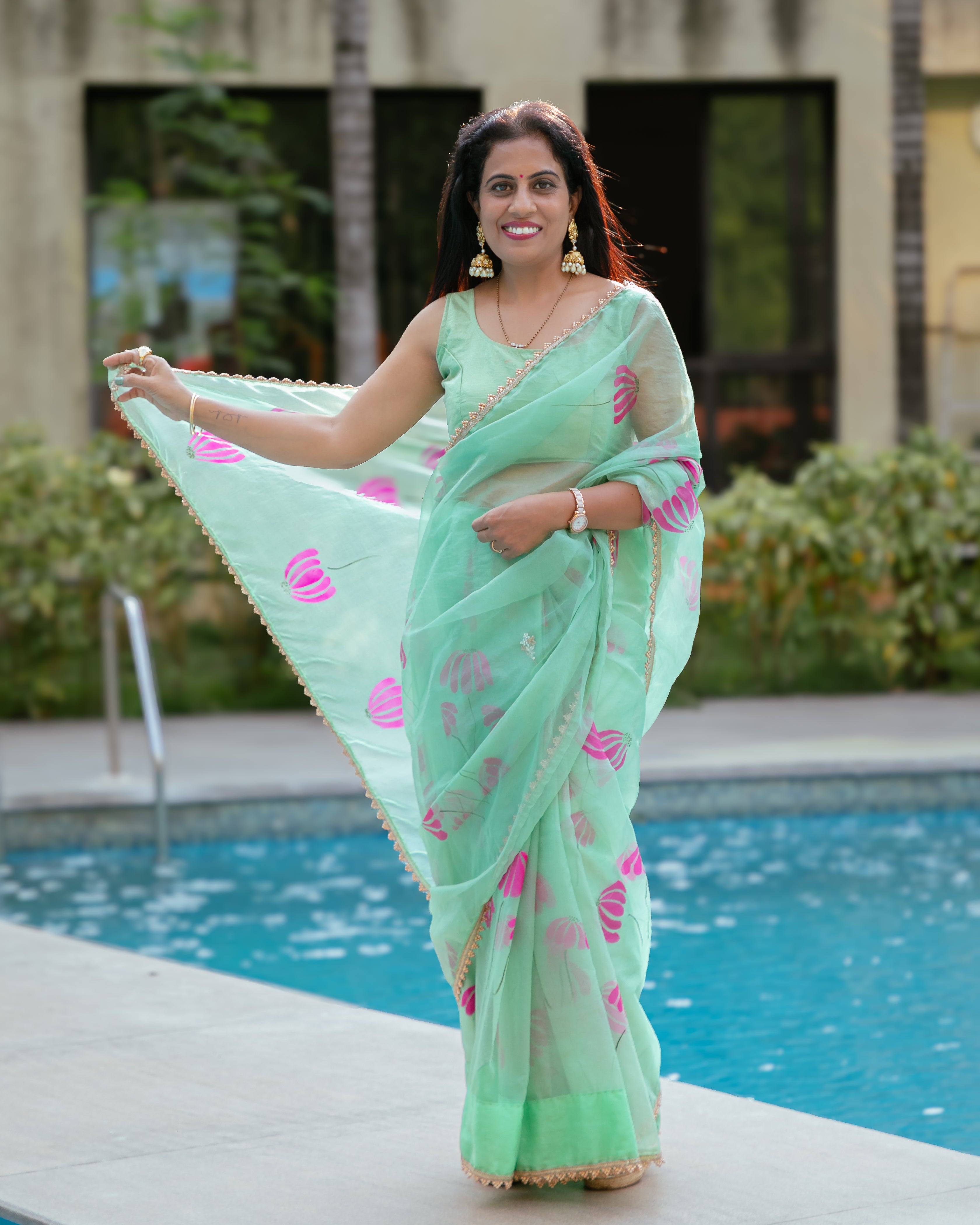 green handpainted organza saree