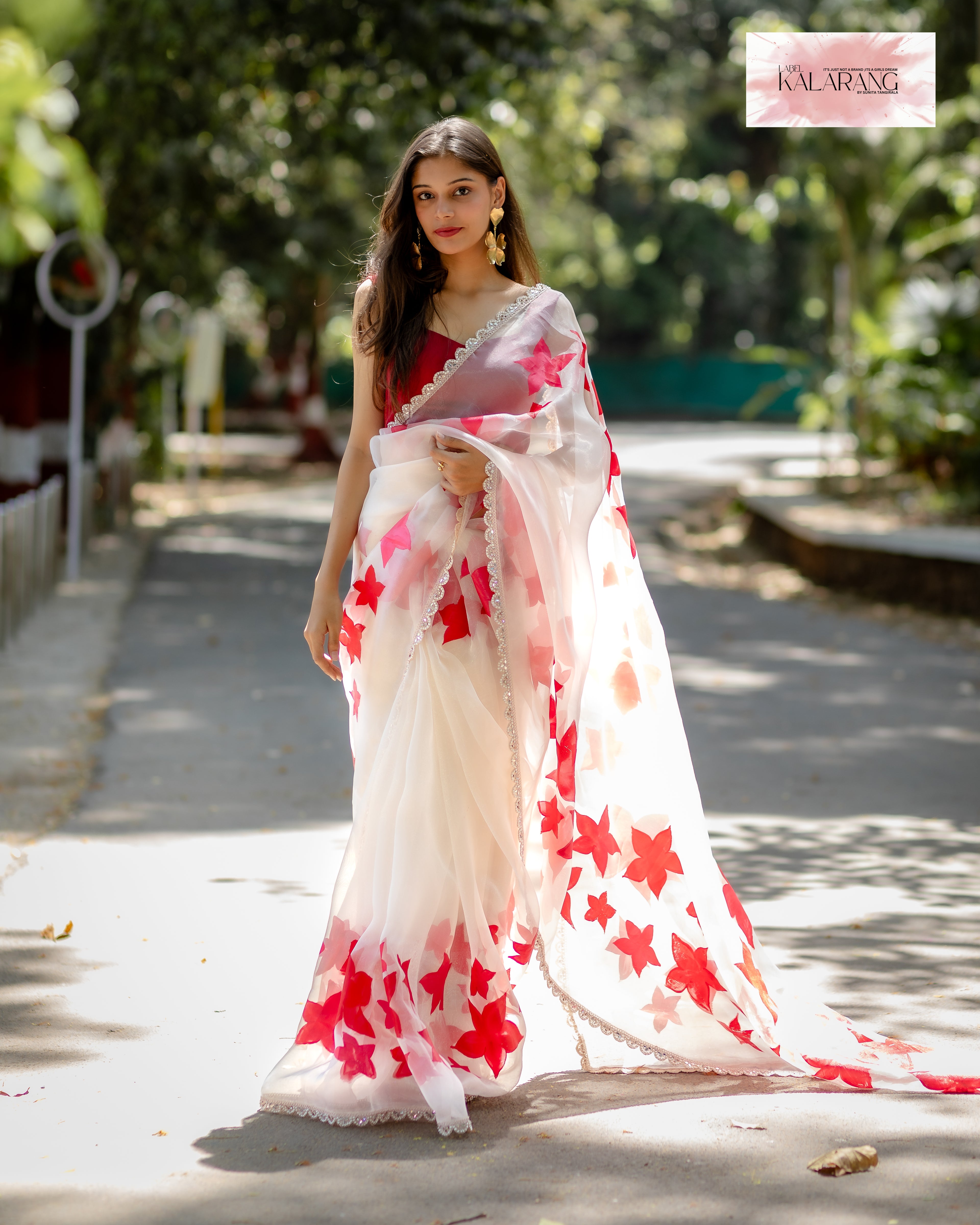 white handpainted organza saree