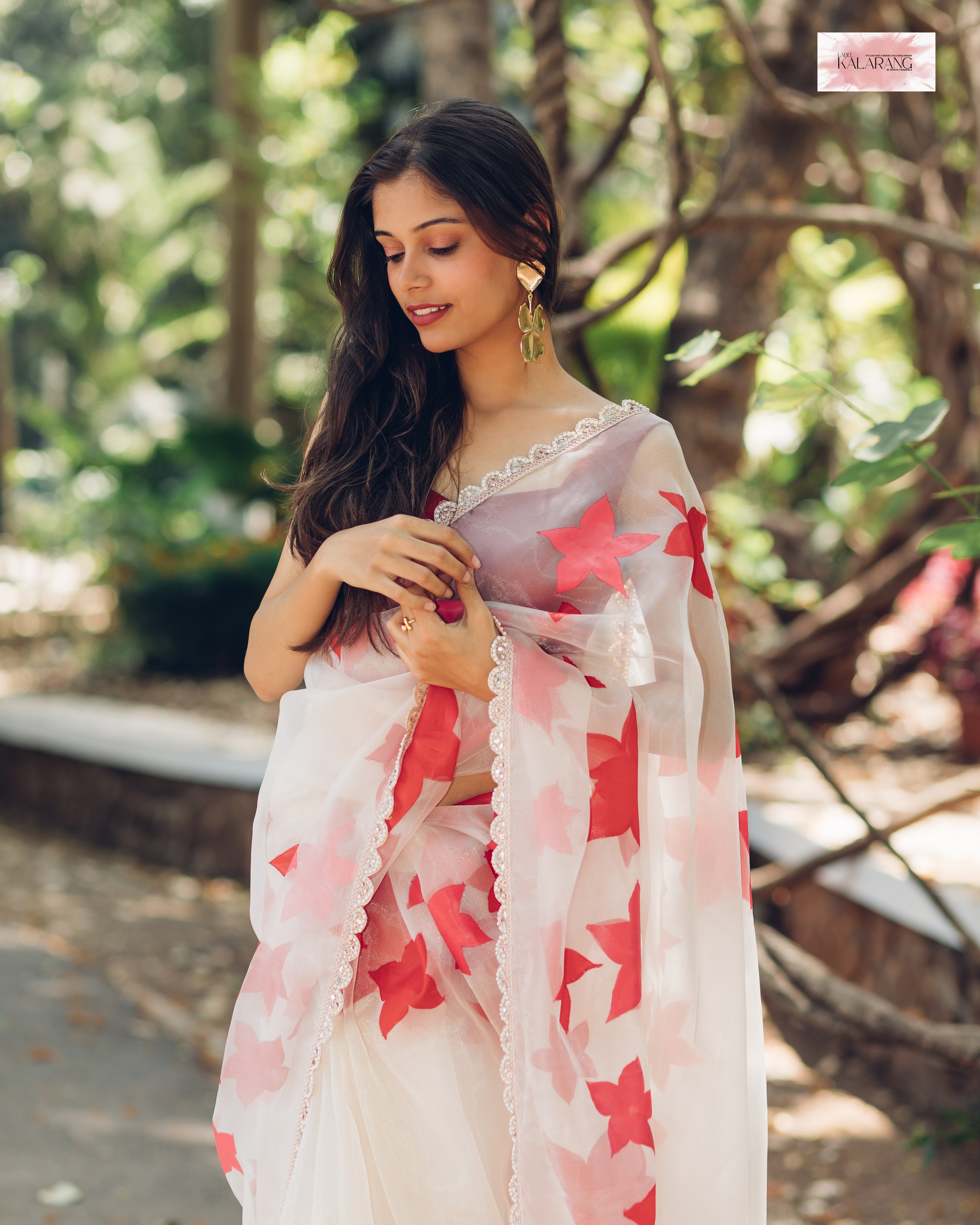 white handpainted organza saree