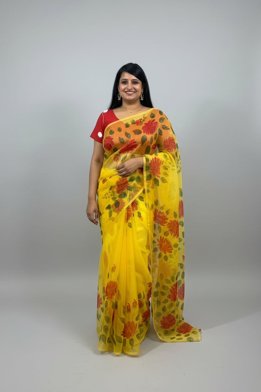 Haldi organza handpainted saree