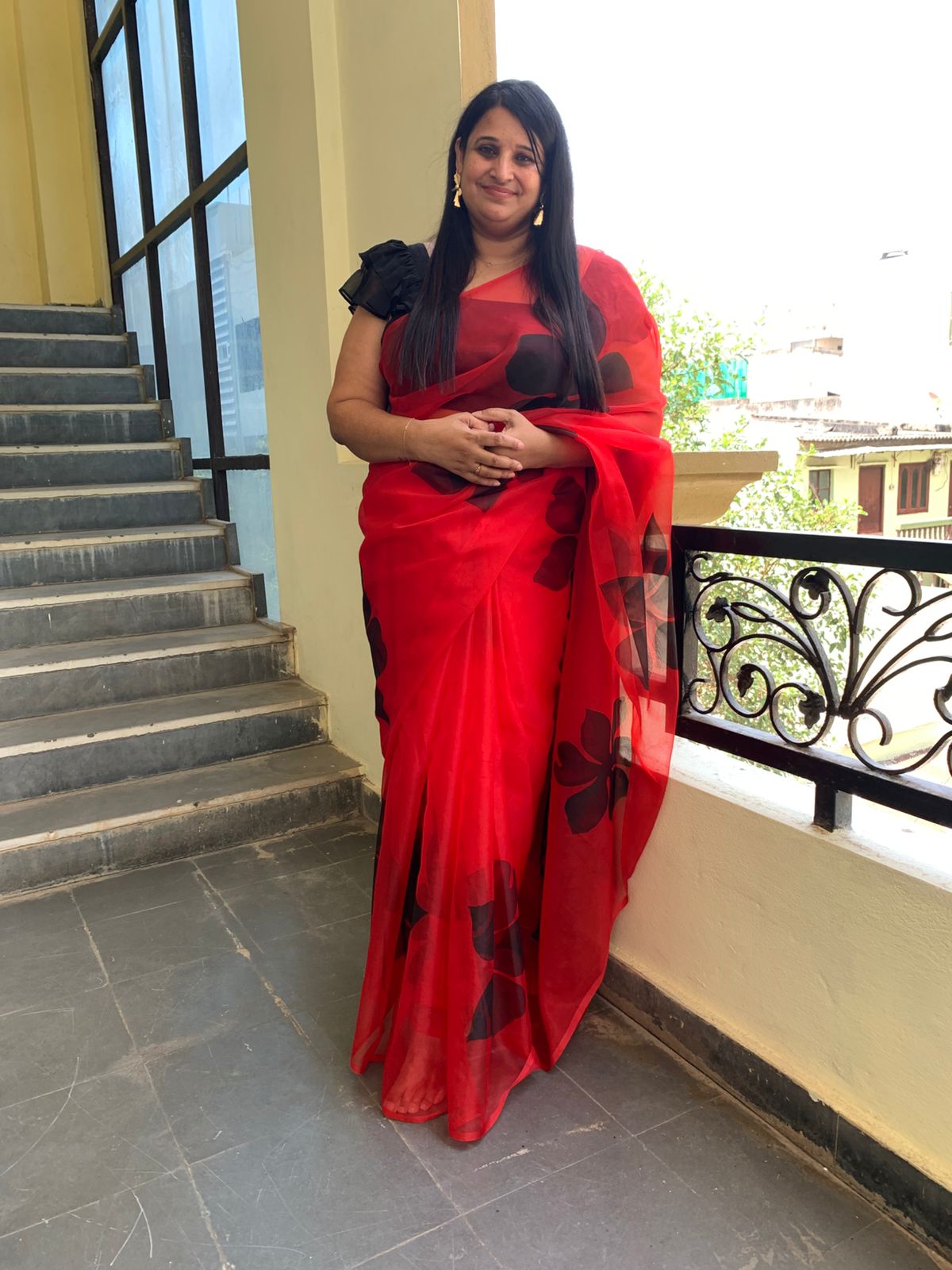 Red silk organza handpainted saree