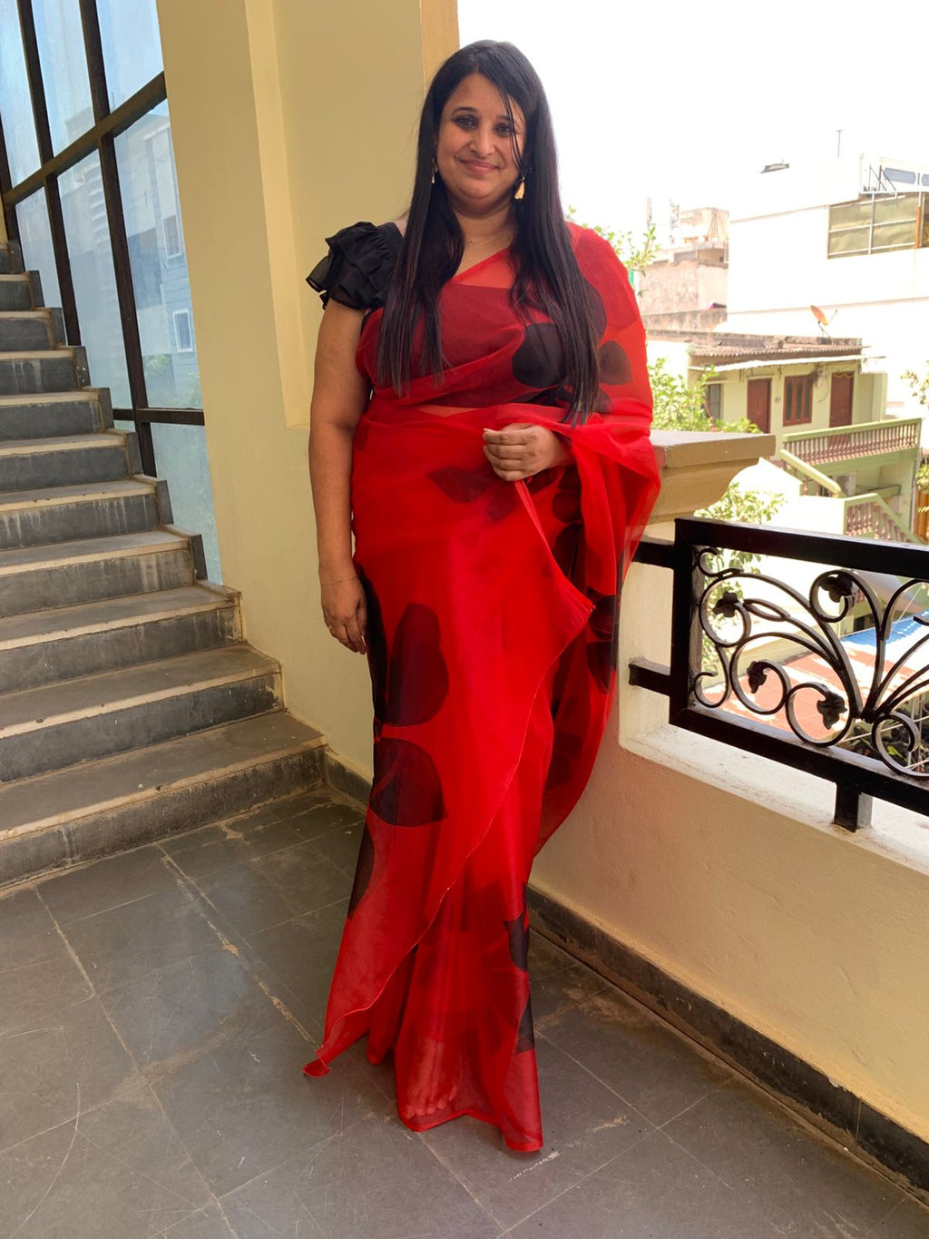 Red silk organza handpainted saree