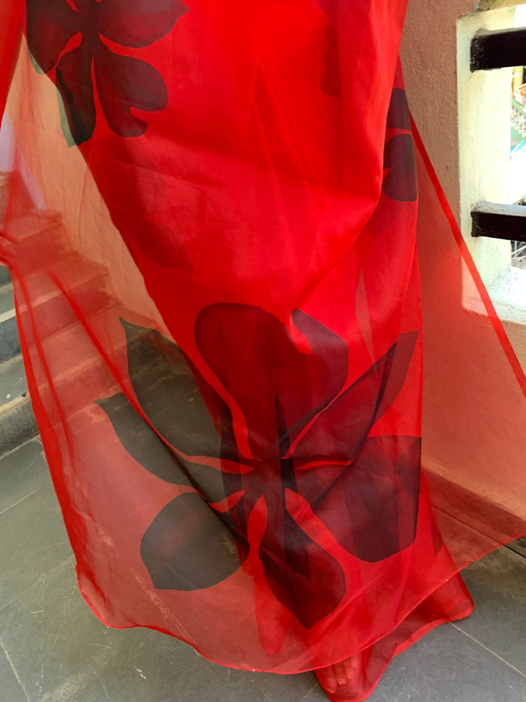 Red silk organza handpainted saree
