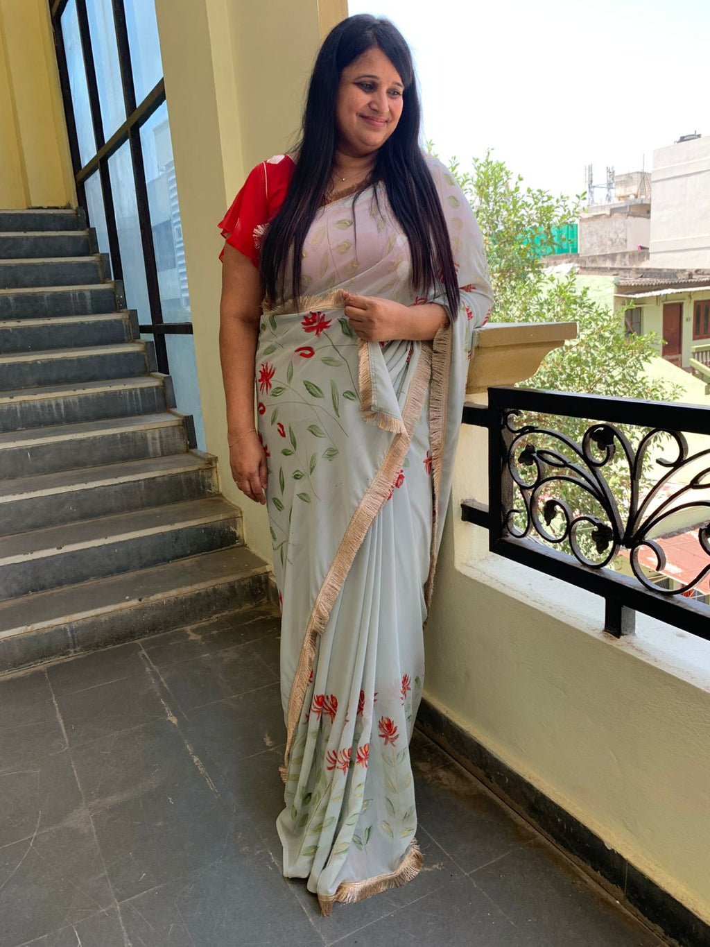 Grey handpainted georgette saree