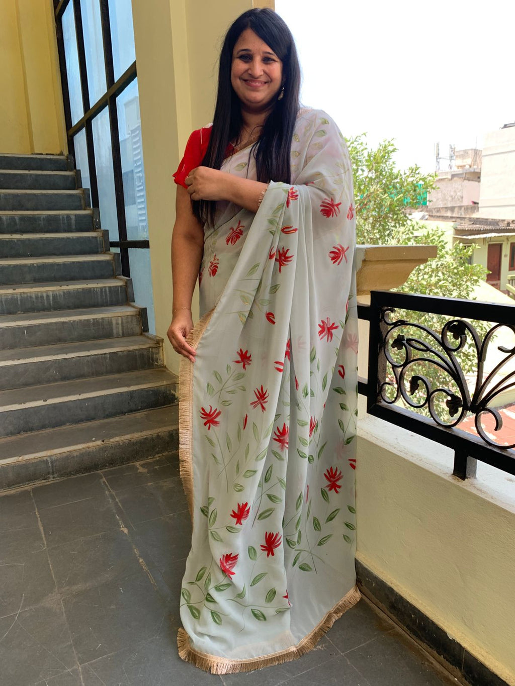 Grey handpainted georgette saree