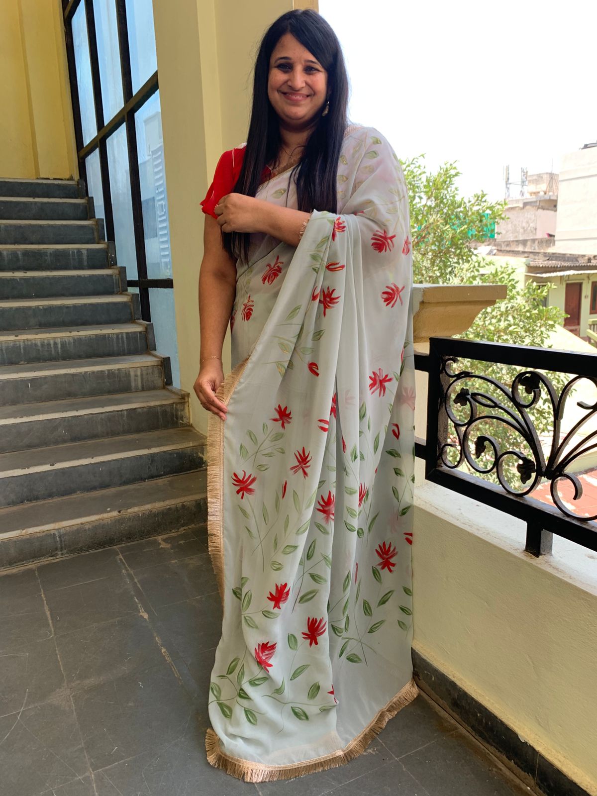 Grey handpainted georgette saree