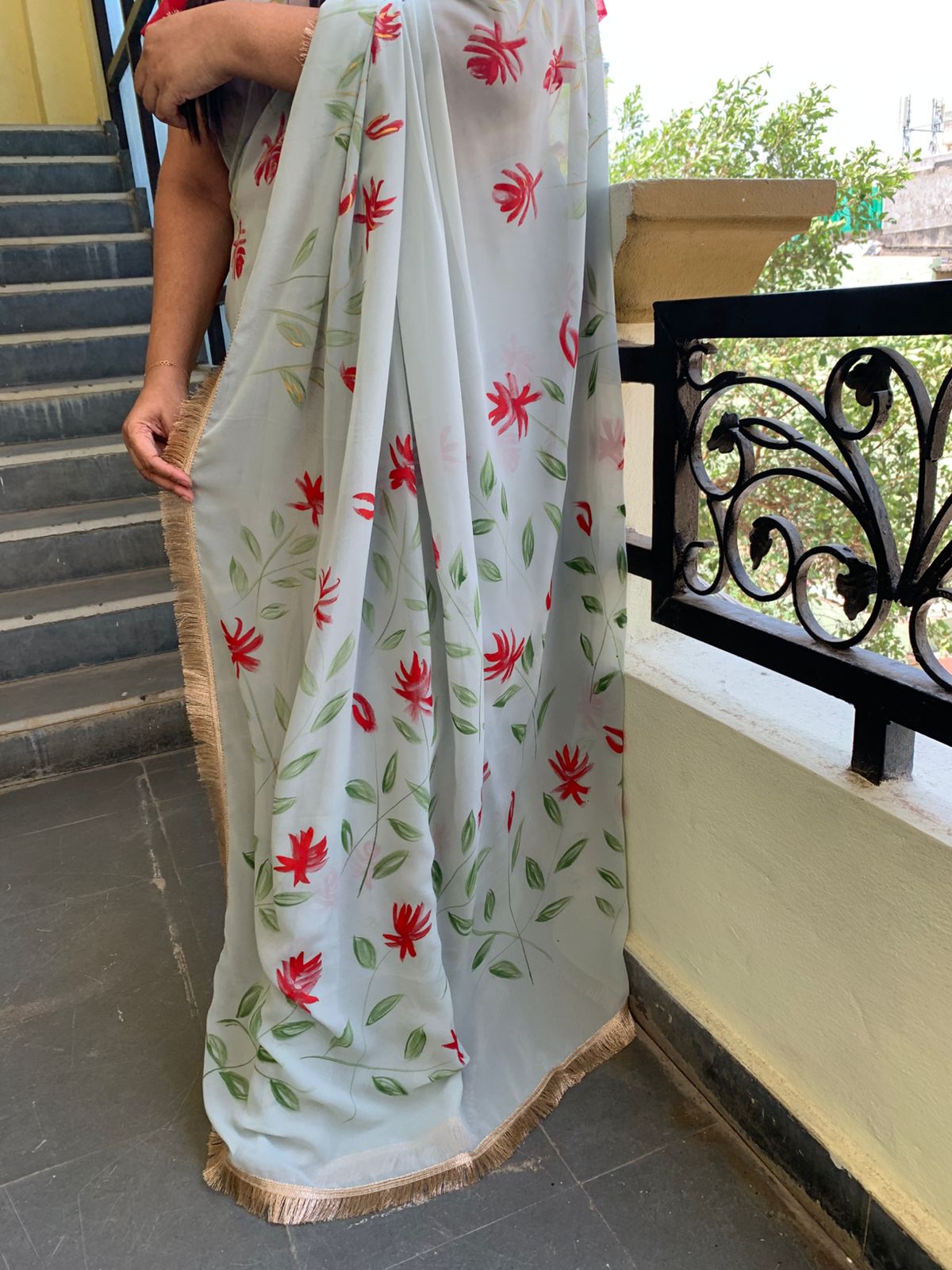 Grey handpainted georgette saree