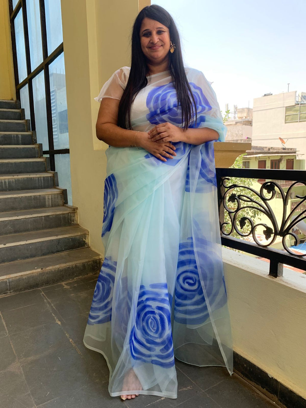 Light blue silk organza handpainted saree