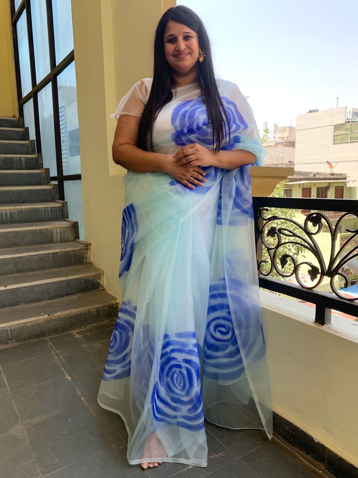Light blue silk organza handpainted saree