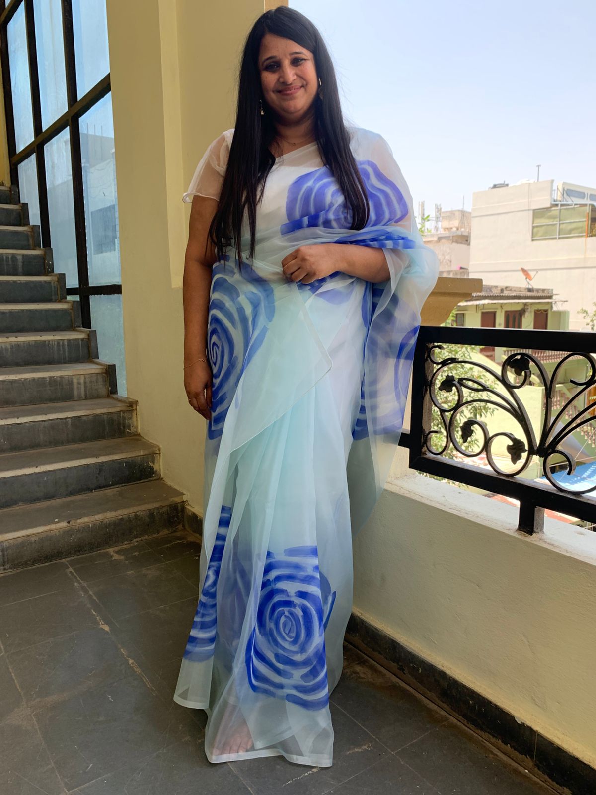 Light blue silk organza handpainted saree