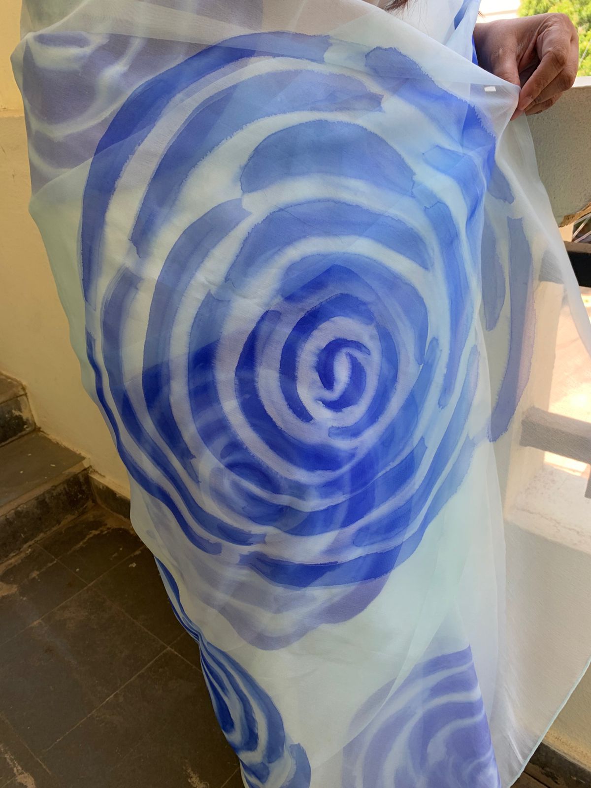 Light blue silk organza handpainted saree