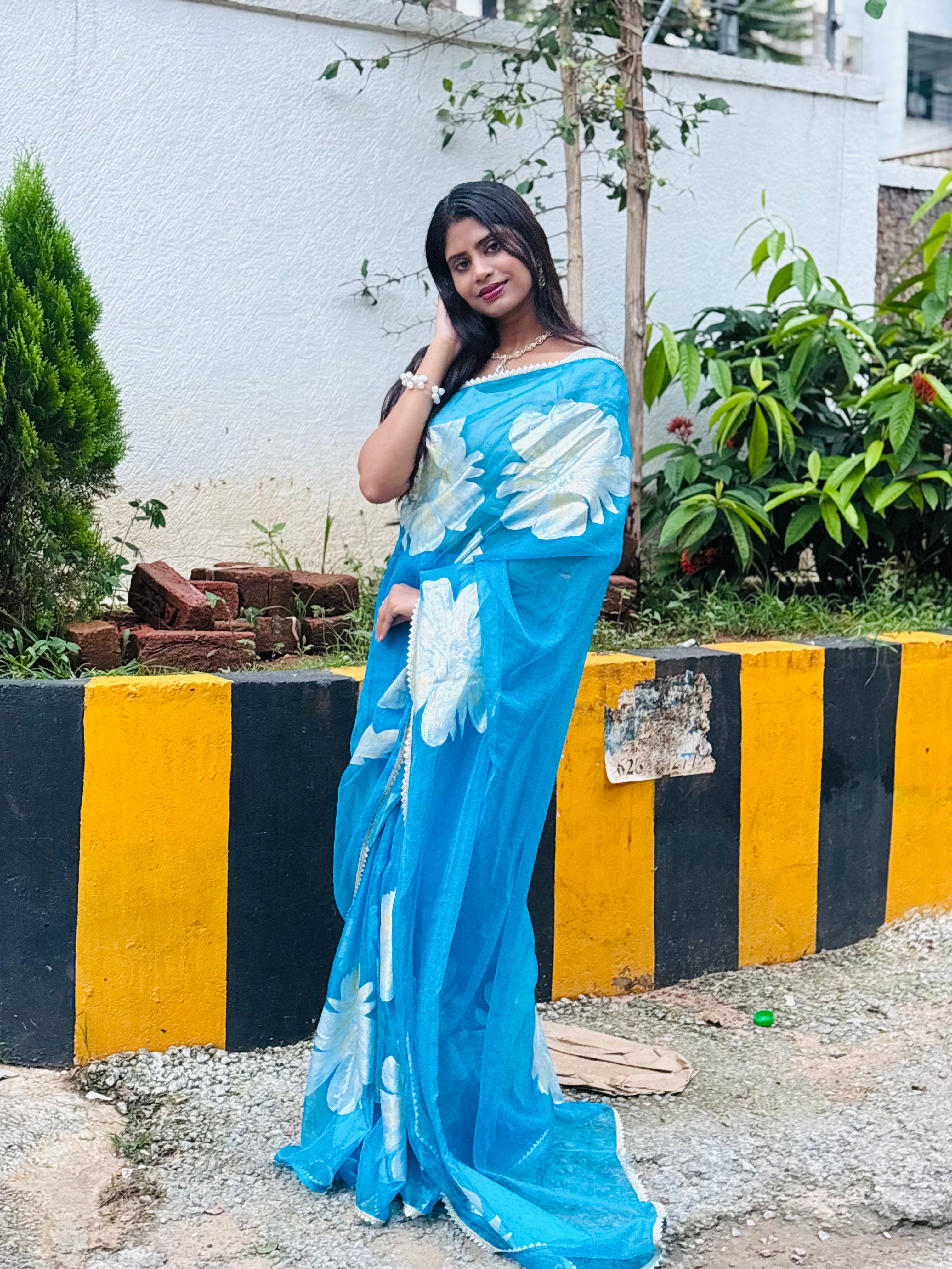 blue organza handpainted saree