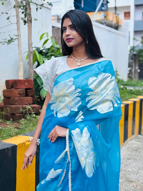 blue organza handpainted saree