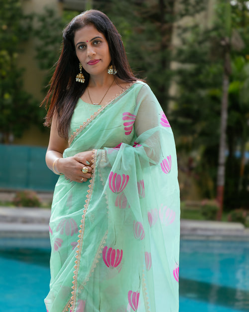 green handpainted organza saree