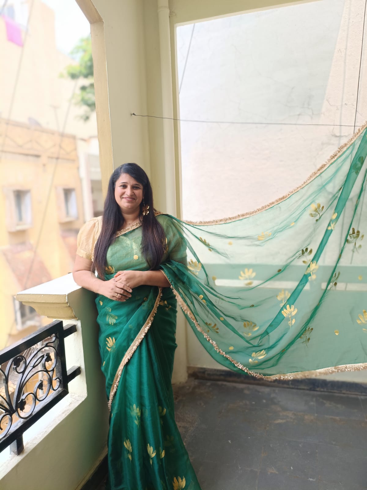 dark greeen  organza handpainted saree