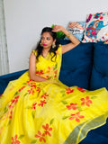 yellow organza handpainted lehenga